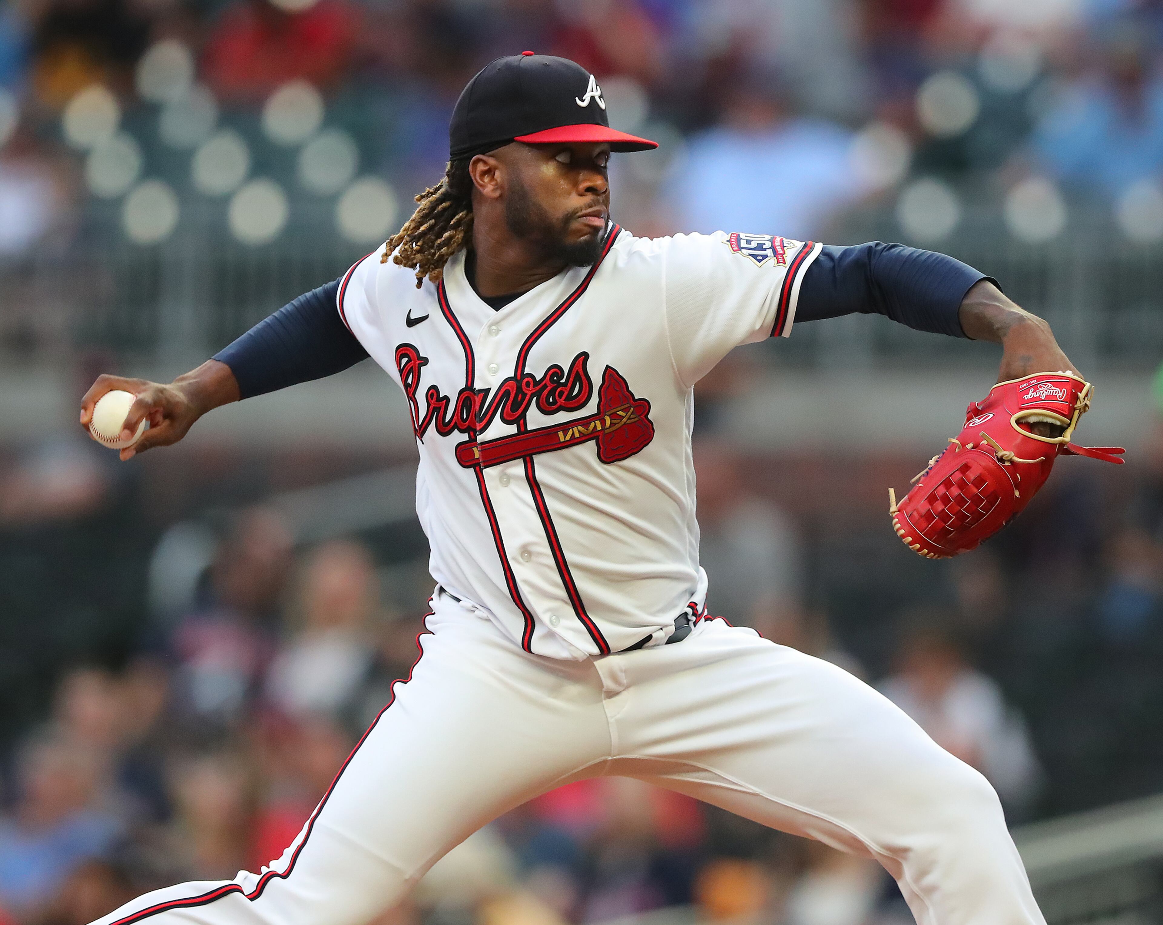 Braves starting pitcher Touki Toussaint delivers against the Washington Nationals. “Curtis Compton / Curtis.Compton@ajc.com”