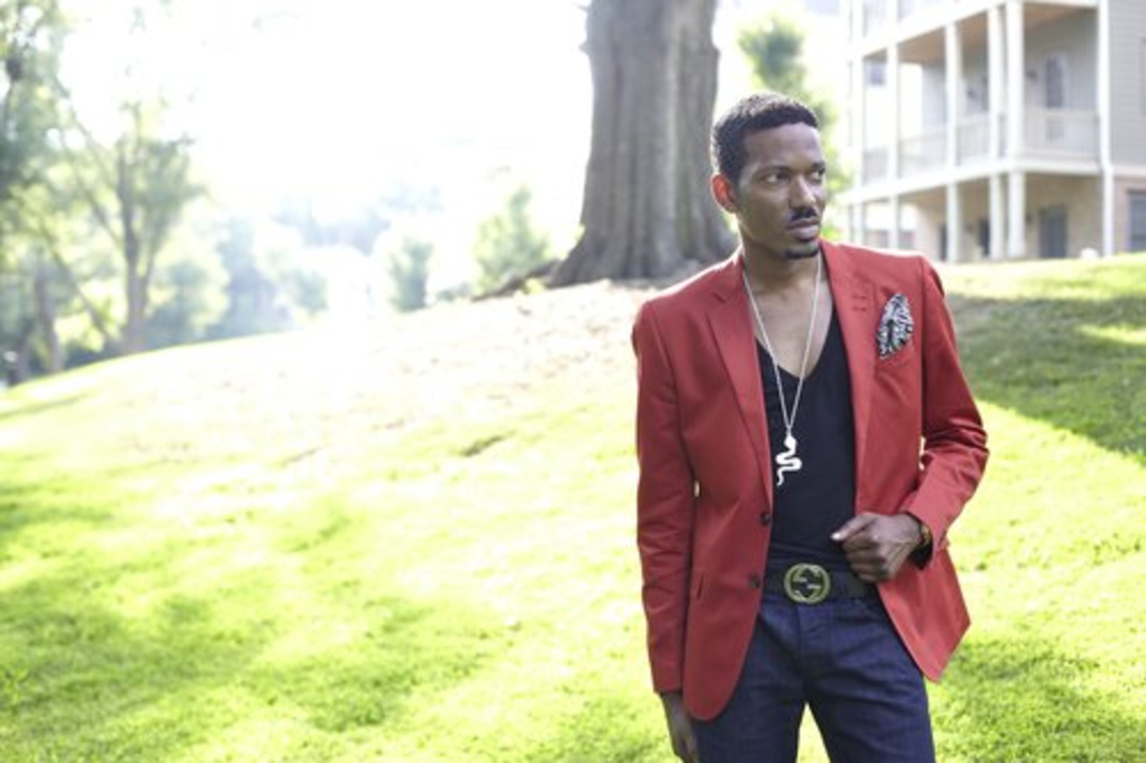 A PET PEEVE: "My fashion pet peeves are sagging pants and ill-fitting suits." Taylor wears a red sport jacket from Bloomingdale's along with a pair of jeans from Rock & Republic. Completing the look is a pocket square from Daniel Cremieux and a belt from Gucci.