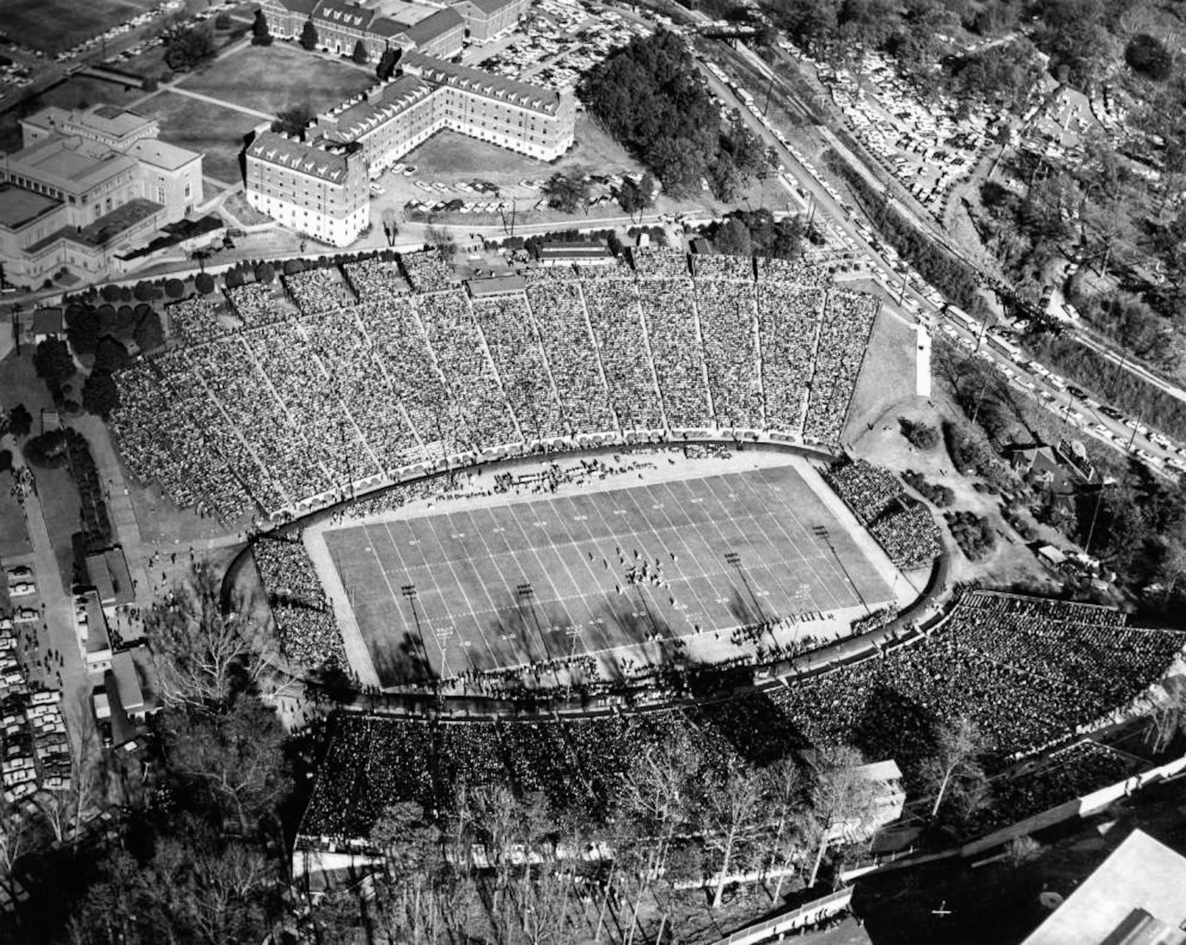 Aerial view of Sanford Stadium during a game, 1967