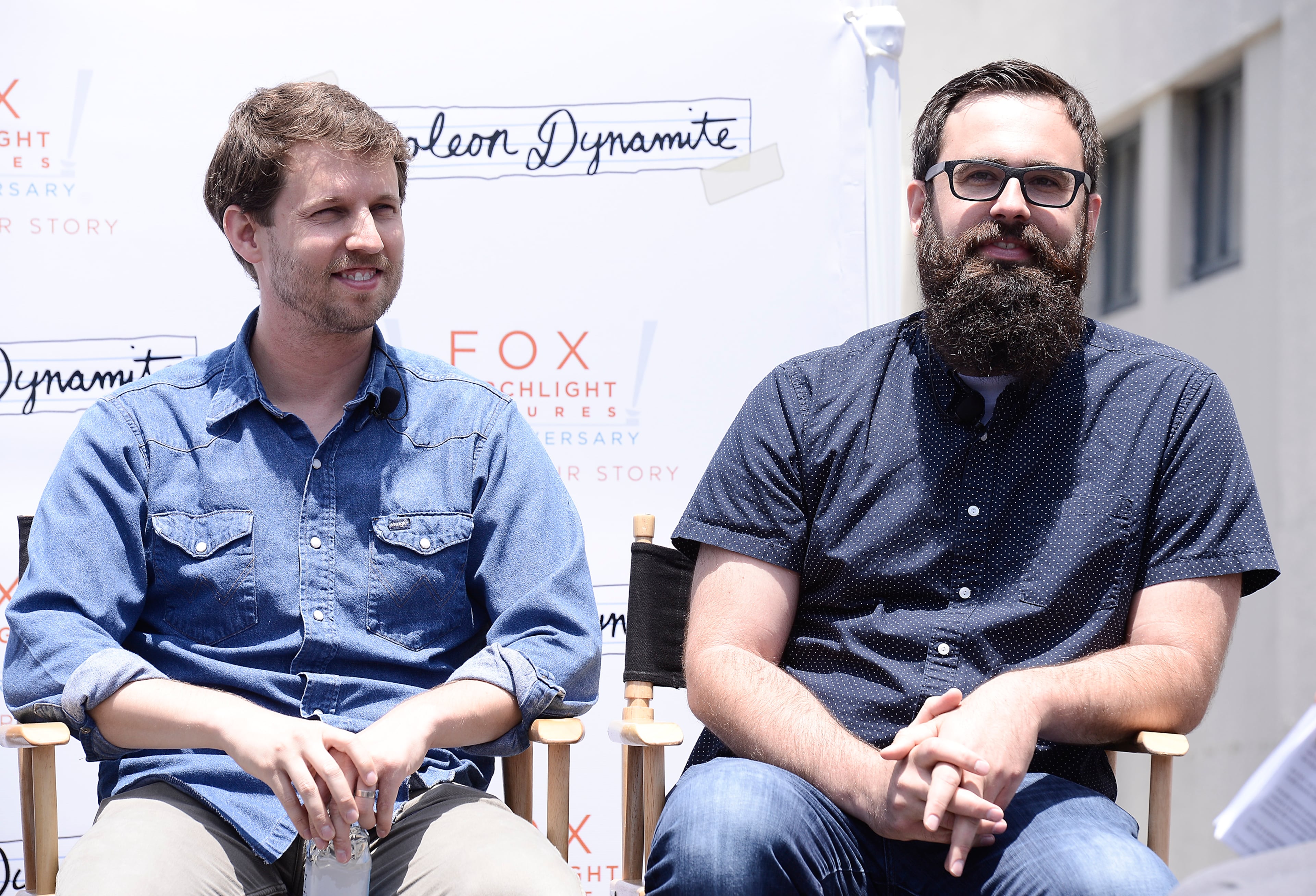 Actor Jon Heder, left, and writer and director Jared Hess attend the Napoleon Dynamite statue dedication and cast panel discussion on the 20th Century Fox Studios lot in Los Angeles on Monday, June 9, 2014. Napoleon Dynamite: 10 Sweet Years Edition is available now on Blu-ray and DVD. (Photo by Dan Steinberg/Invision for Twentieth Century Fox Home Entertainment/AP Images)