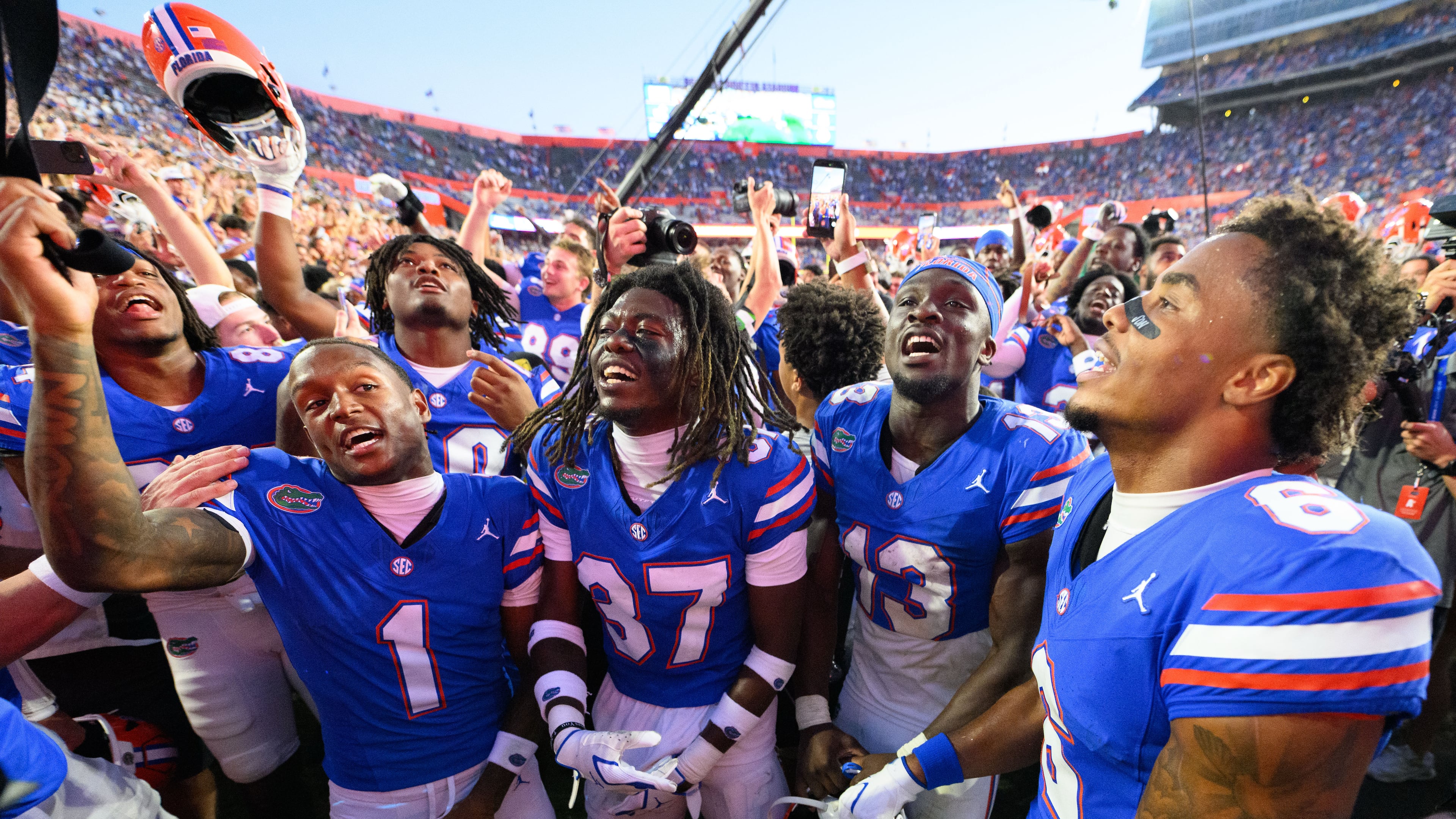 Florida wide receiver Vernell Brown III (from left), cornerback Javion Toombs, running back Jadan Baugh and wide receiver Dallas Wilson celebrate after beating Mississippi on Saturday, Sept. 26, 2026. (Noah Lantor/AP)