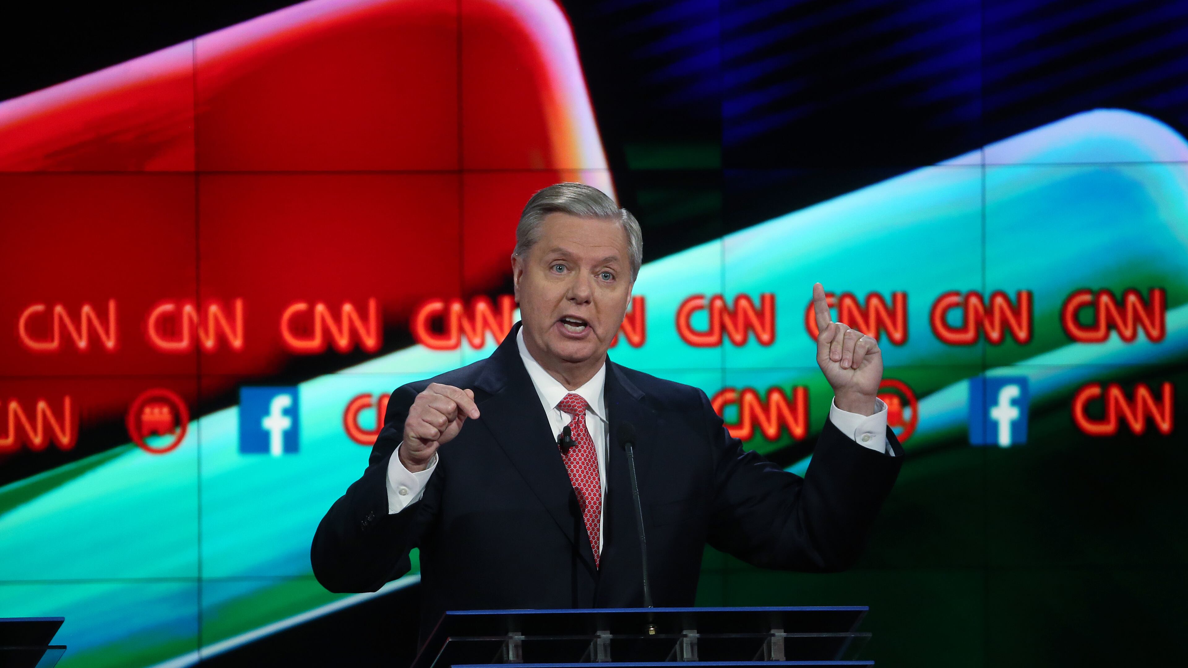 Republican presidential candidate U.S. Sen. Lindsey Graham (R-SC) speaks during the CNN Republican presidential debate on Dec. 15, 2015 in Las Vegas, Nevada. This is the last GOP debate of the year, with U.S. Sen. Ted Cruz (R-TX) gaining in the polls in Iowa and other early voting states and Donald Trump rising in national polls. (Photo by Justin Sullivan/Getty Images)