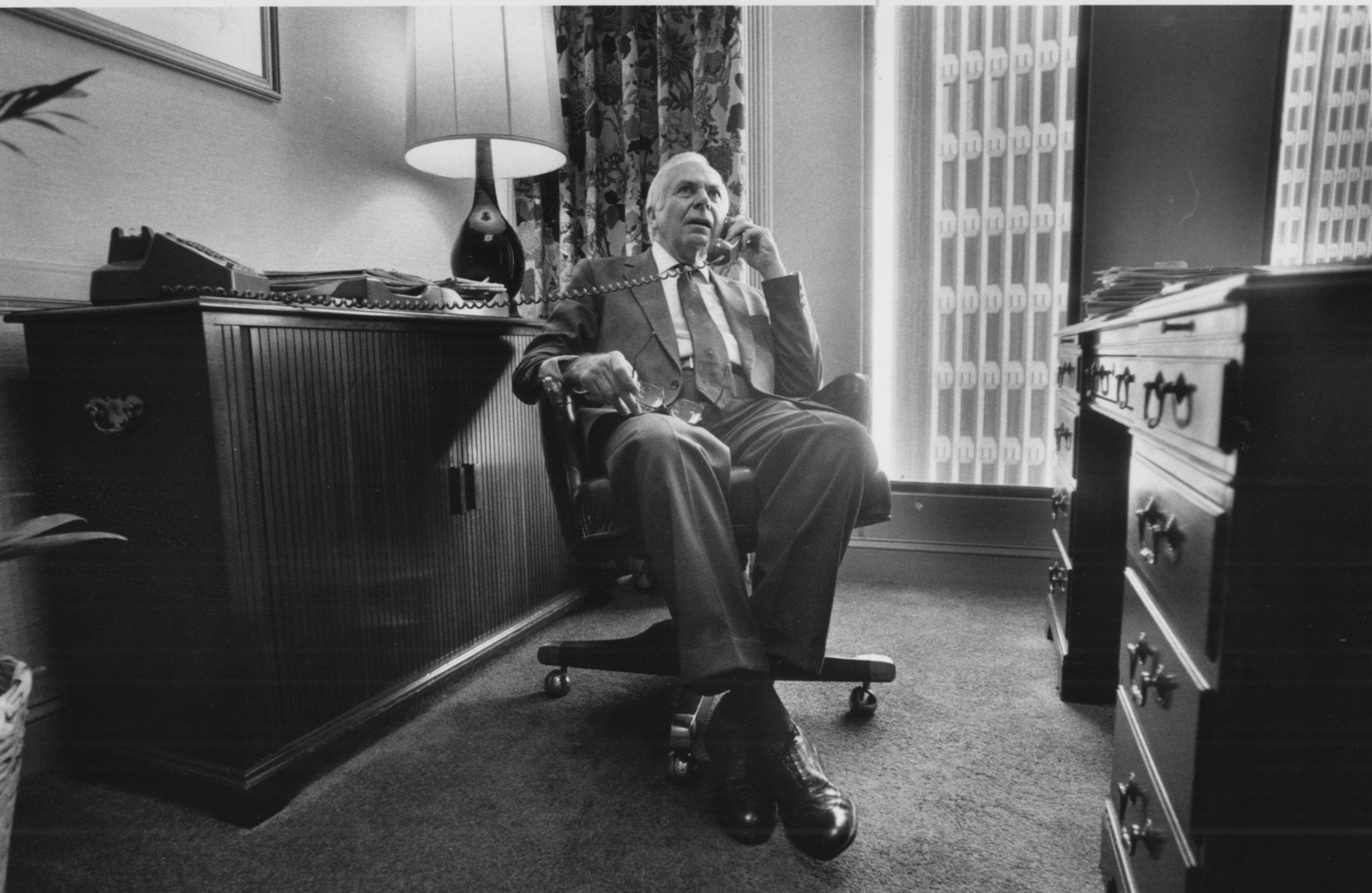Boisfeuillet Jones at his office at 230 Peachtree St. (John Spink/AJC staff) 1985