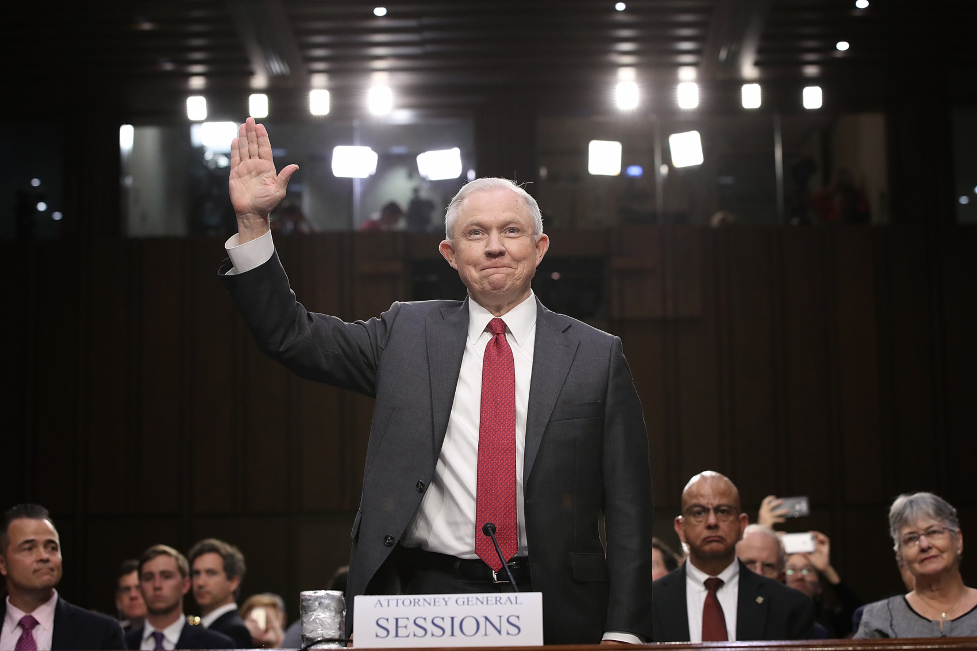 WASHINGTON, DC - JUNE 13: U.S. Attorney General Jeff Sessions is sworn-in prior to testifying before the Senate Intelligence Committee on Capitol Hill June 13, 2017 in Washington, DC. Sessions recused himself from the Russia investigation and he was later discovered to have had contact with the Russian ambassador last year despite testifying to the contrary during his confirmation hearing. (Photo by Win McNamee/Getty Images)