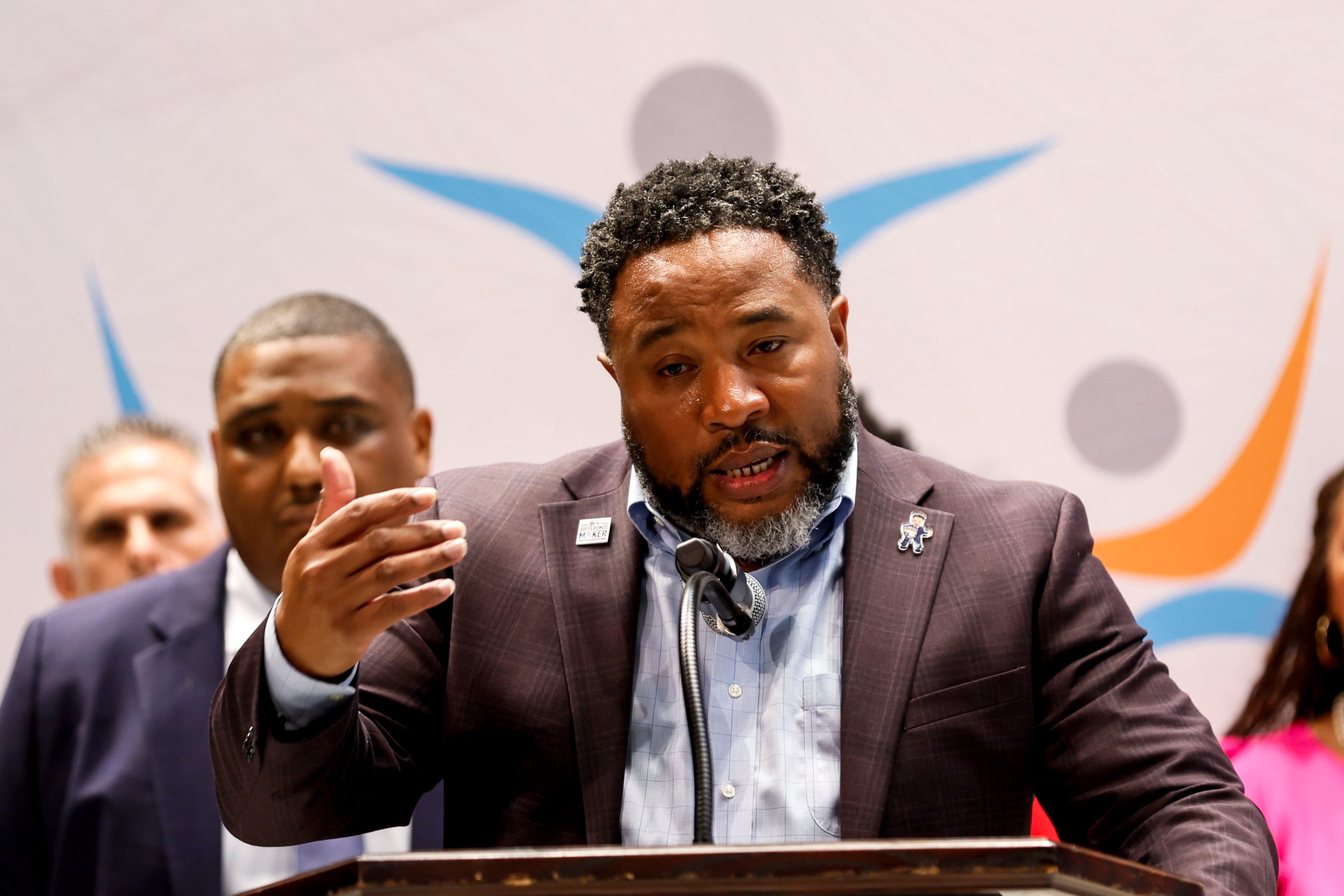 DeKalb Superintendent Devon Horton speaks to members of the press during a press conference on Tuesday, April 29, 2025, at the auditorium of MLK High School regarding the incident in which three students allegedly engaged in a physical altercation with a teacher. (Miguel Martinez/AJC)