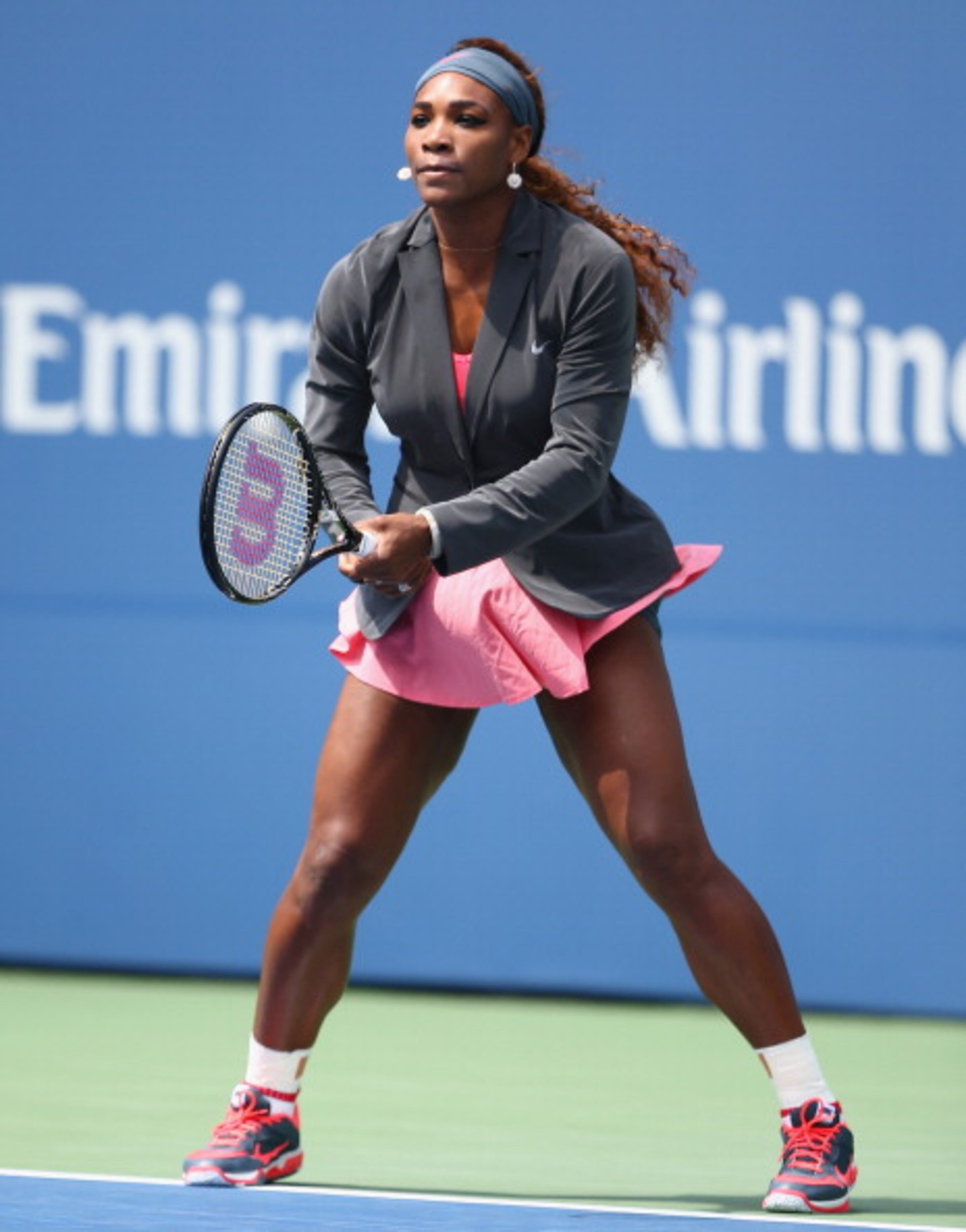 NEW YORK, NY - AUGUST 29: Serena Williams of the United States warms up prior to her women's singles second round match against Galina Voskoboeva of Kazakhstan on Day Four of the 2013 US Open at the USTA Billie Jean King National Tennis Center on August 29, 2013 in New York City. (Photo by Joe Scarnici/Getty Images)