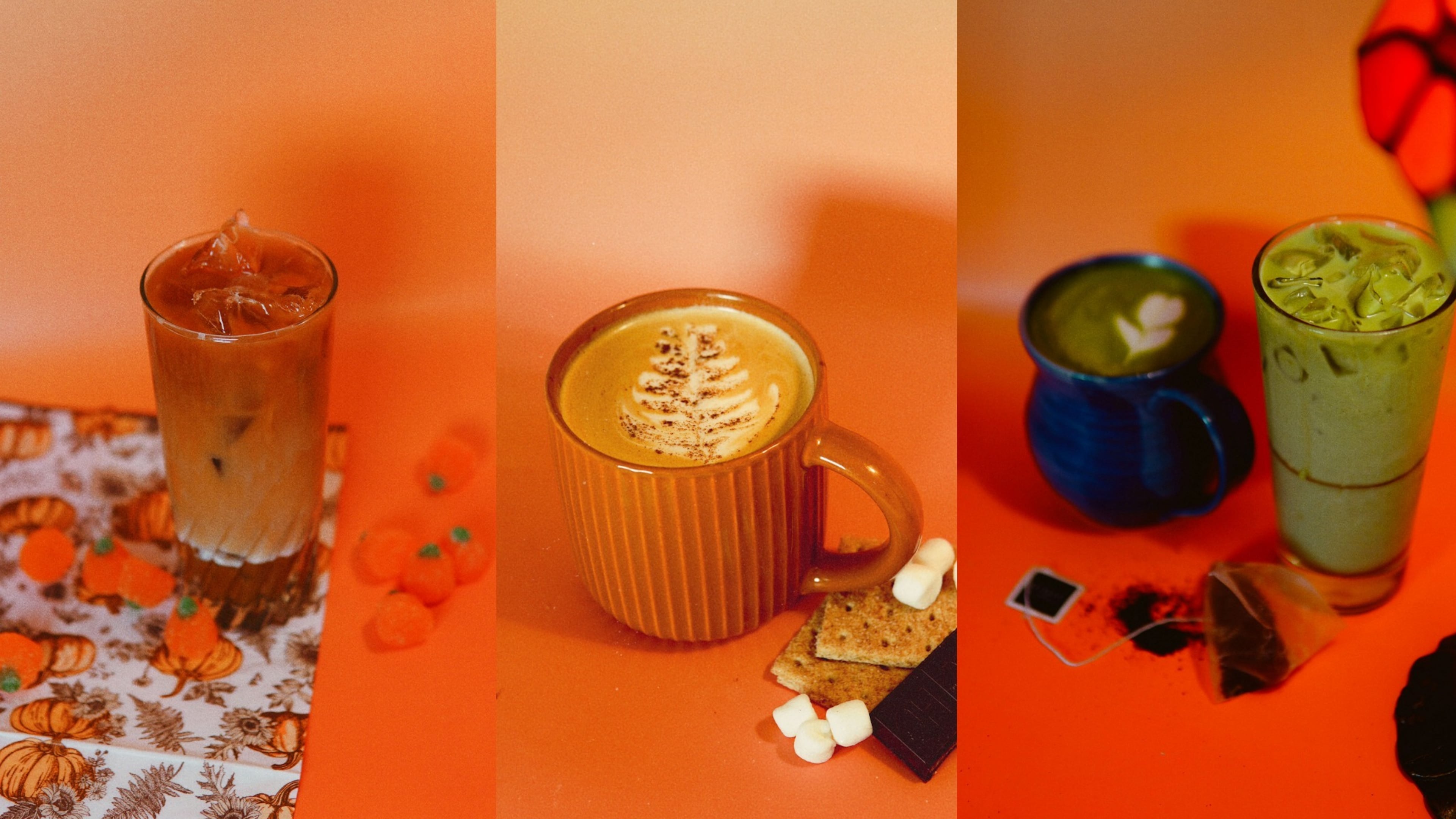 Coffee Man's fall menu includes a pumpkin spice cold brew (left), a s'mores latte (center) and an Earl Grey matcha (right). (Courtesy of Savannah Baker)