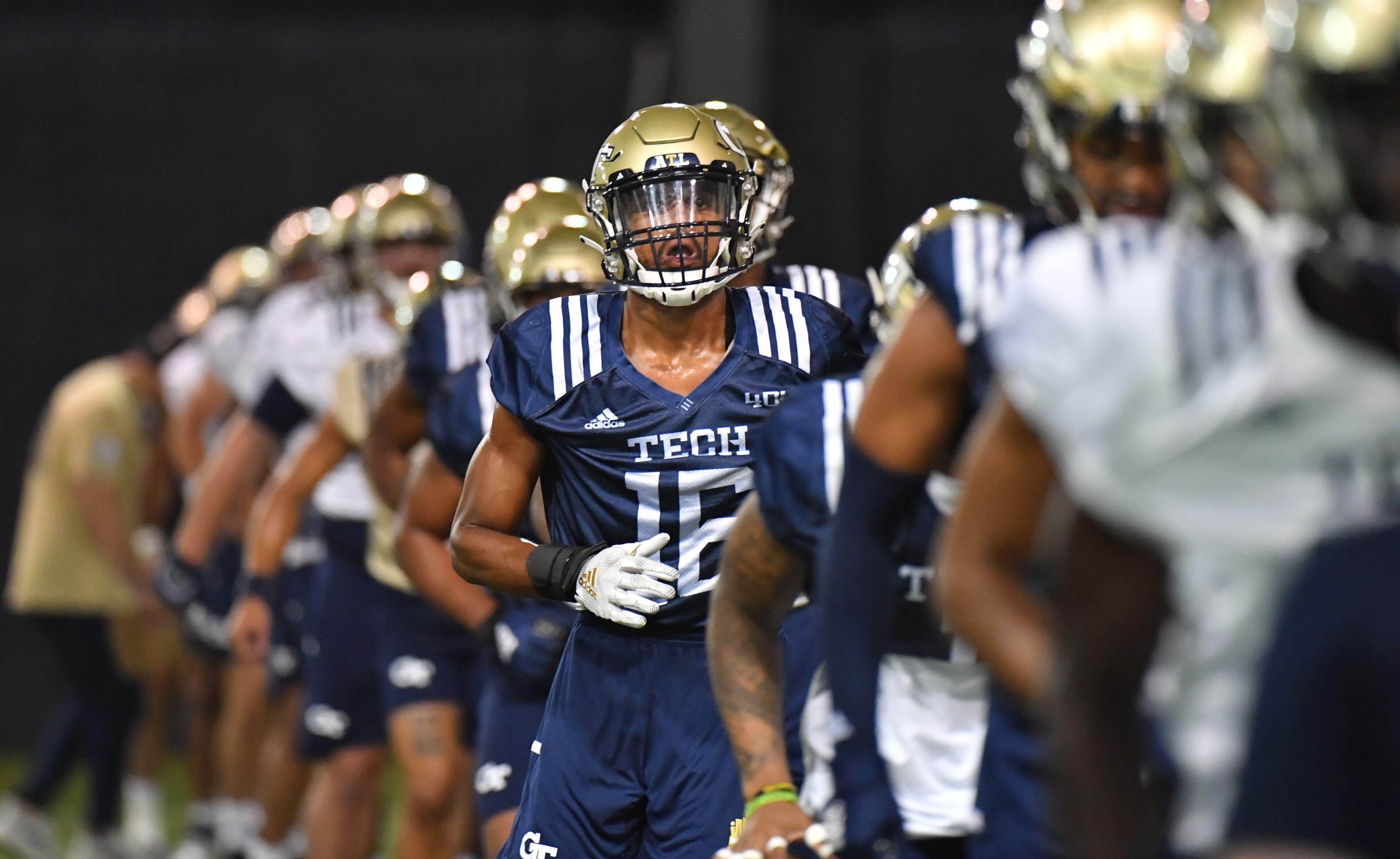 Georgia Tech's defensive back Myles Sims (16) catches a breath during a football practice at Rose Bowl Field on Georgia Tech Campus in Atlanta on Friday, August 6, 2021. (Hyosub Shin / Hyosub.Shin@ajc.com)