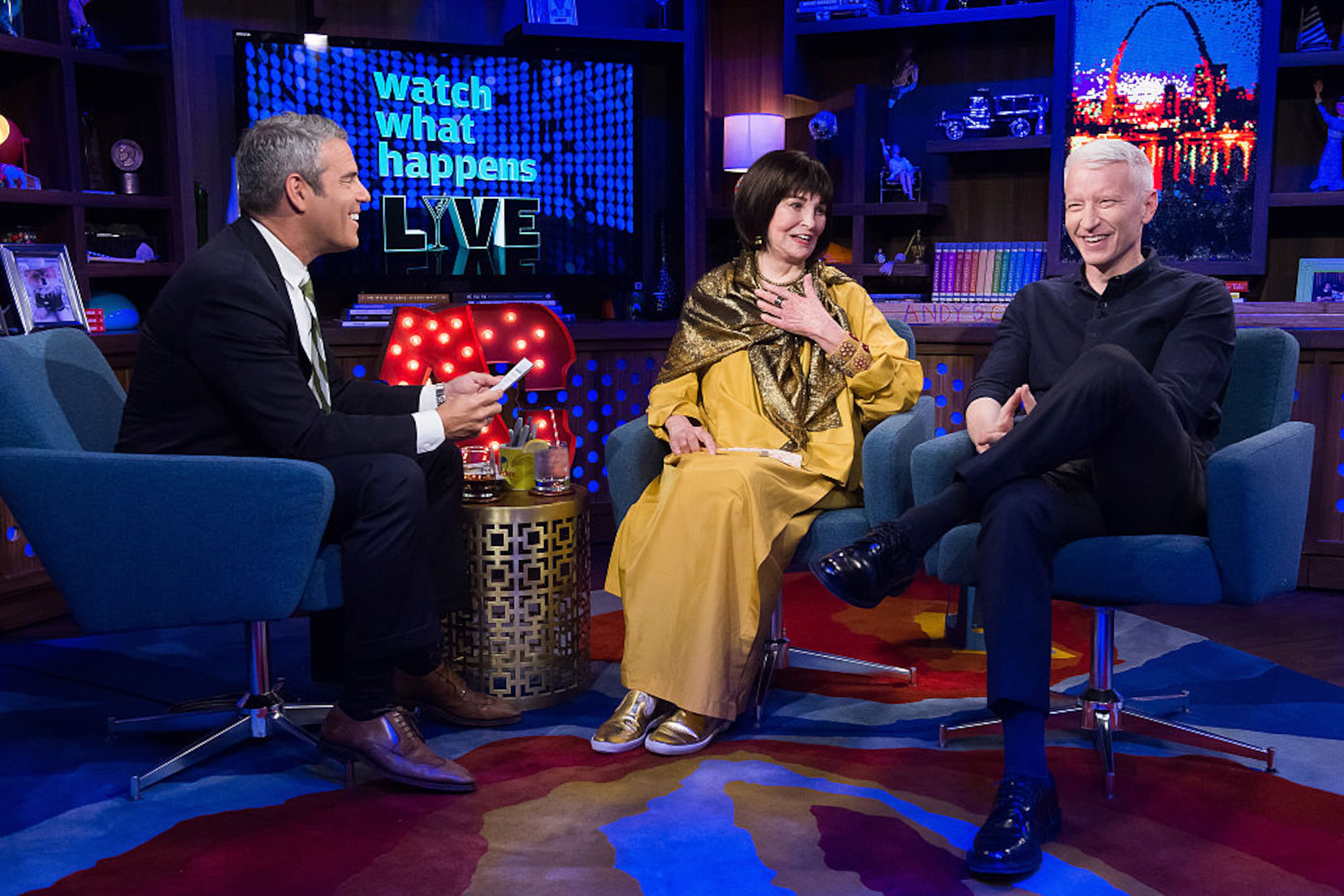 WATCH WHAT HAPPENS LIVE -- Pictured (l-r): Andy Cohen, Gloria Vanderbilt and Anderson Cooper -- (Photo by: Charles Sykes/Bravo/NBCU Photo Bank via Getty Images)