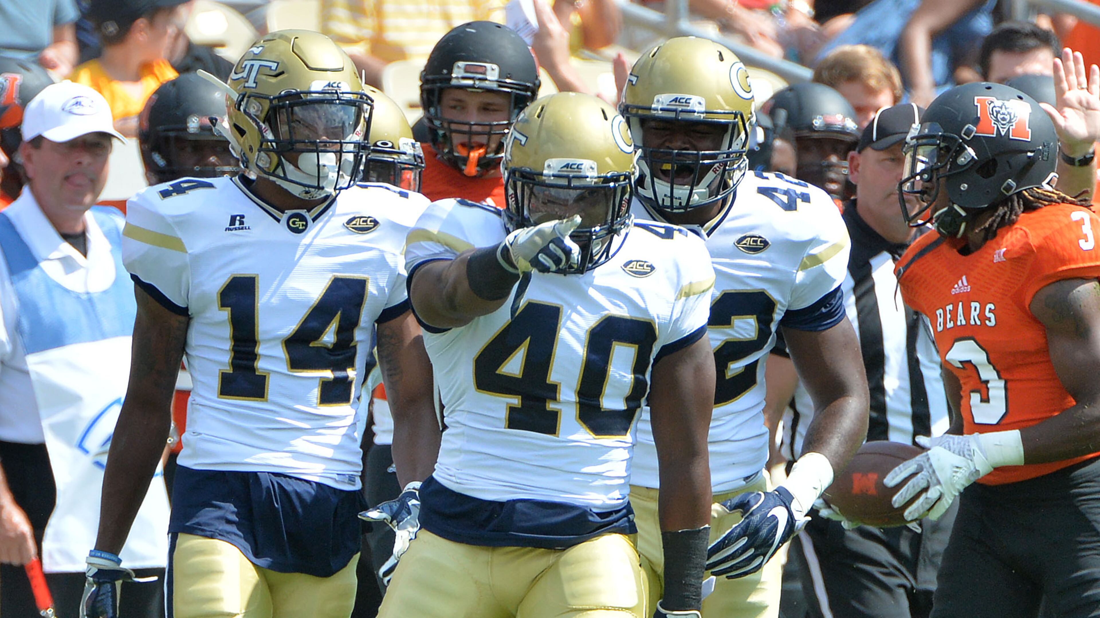 September 10, 2016 Atlanta - Georgia Tech Yellow Jackets linebacker P.J. Davis (40) celebrates in the first half at Bobby Dodd Stadium on Saturday, September 10, 2016. HYOSUB SHIN / HSHIN@AJC.COM