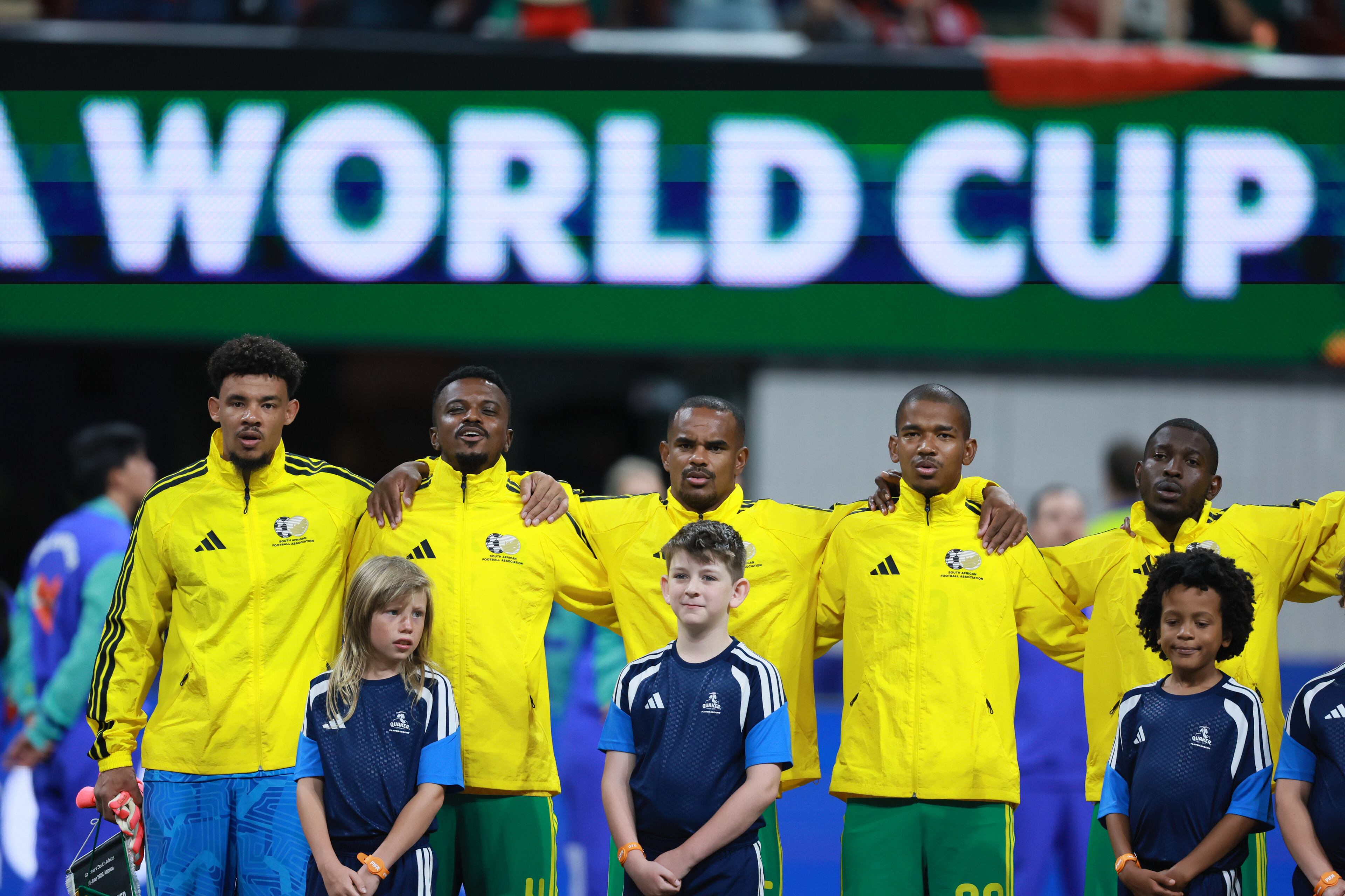 Members of the South African team stand for their national anthem before the start of the Czechia vs. South Africa World Cup match at Atlanta Stadium on Thursday, June 18, 2026. (Jason Getz/AJC)