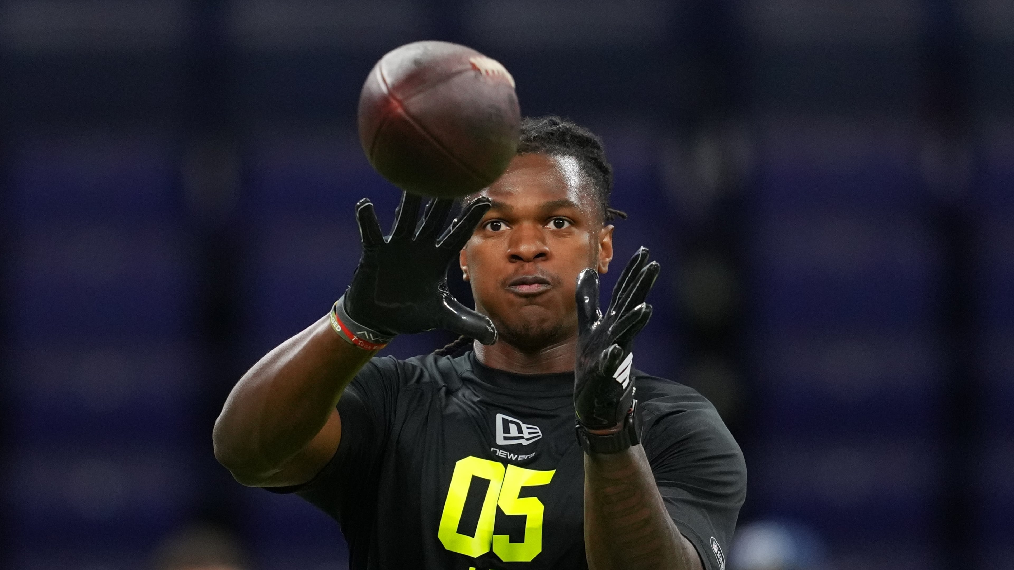 Falcons rookie linebacker Kendal Daniels — picturing during the NFL scouting combine in February — is recovering from a calf injury, but he is developing quickly in the position group. (Julio Cortez/AP)