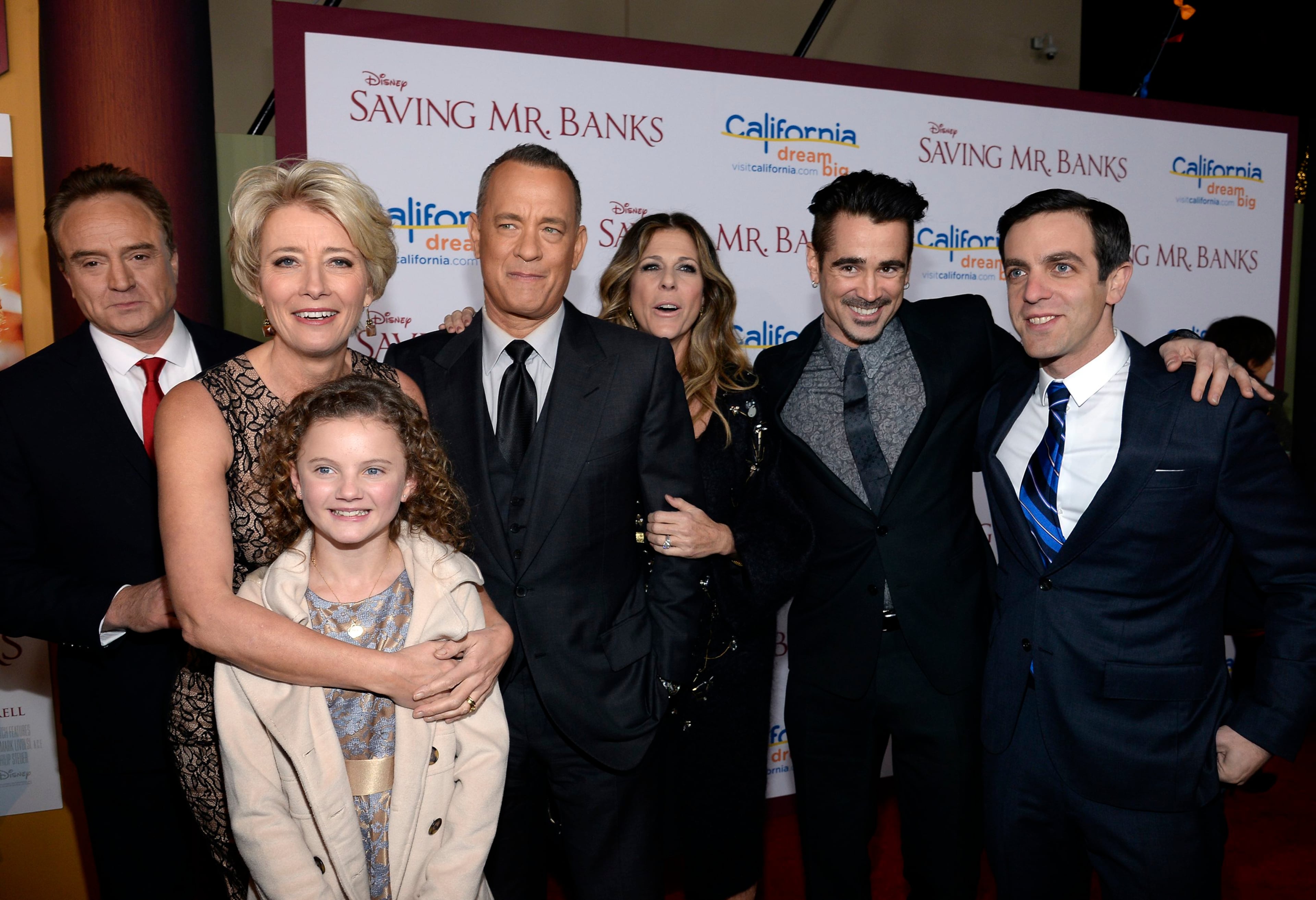 Cast members (from L to R): Bradley Whitford, Emma Thompson, Annie Rose Buckley, Tom Hanks and his wife Rita Wilson, Colin Farrell, B.J. Novak, attend the film premiere of "Saving Mr. Banks," at the Walt Disney Studios in Burbank, California, December 9, 2013. REUTERS/Kevork Djansezian (UNITED STATES - Tags: ENTERTAINMENT)