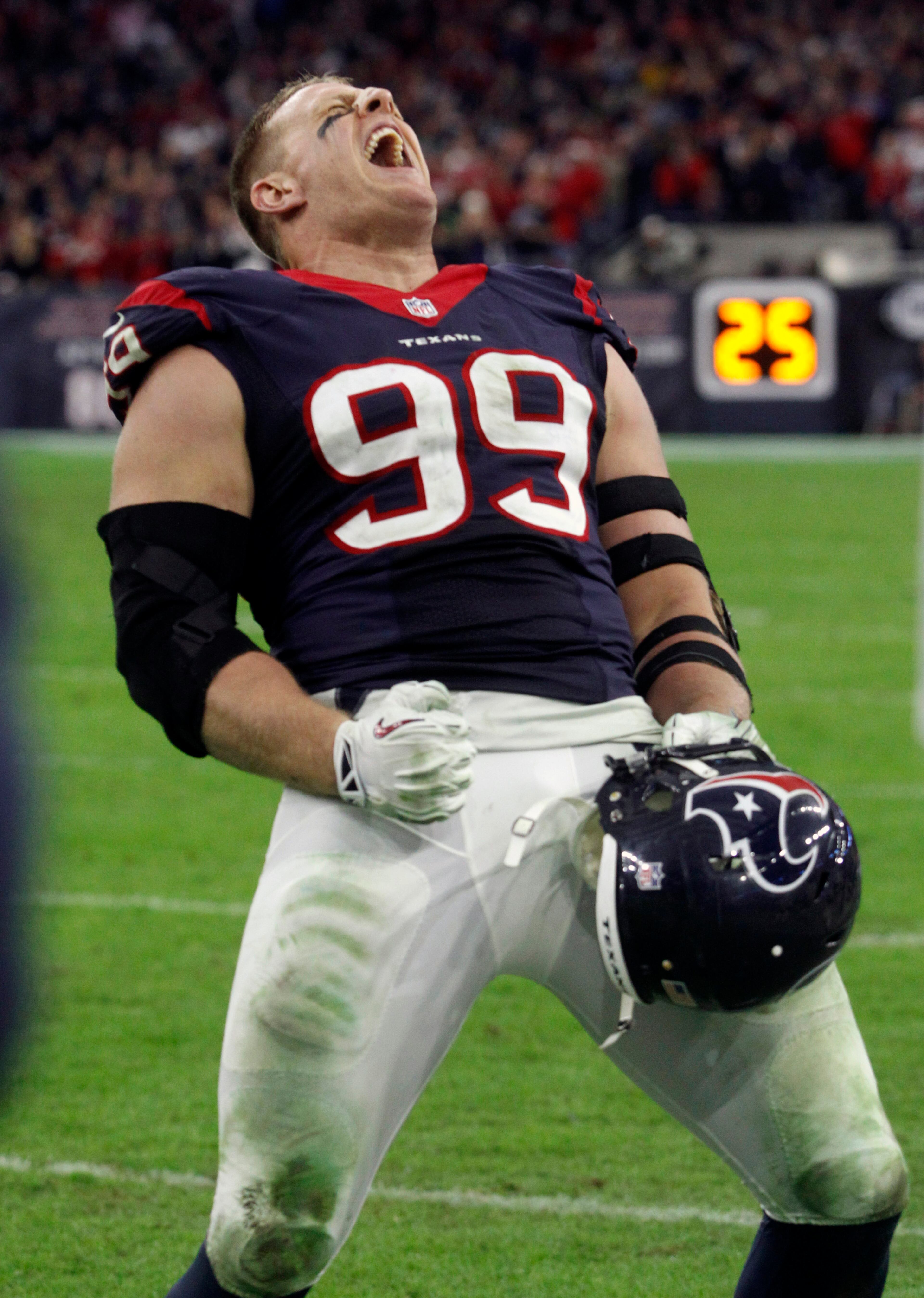 J.J. Watt (99) celebrates on the sideline after sacking Jacksonville Jaguars quarterback Blake Bortles for a safety. (AP Photo/Patric Schneider, File)