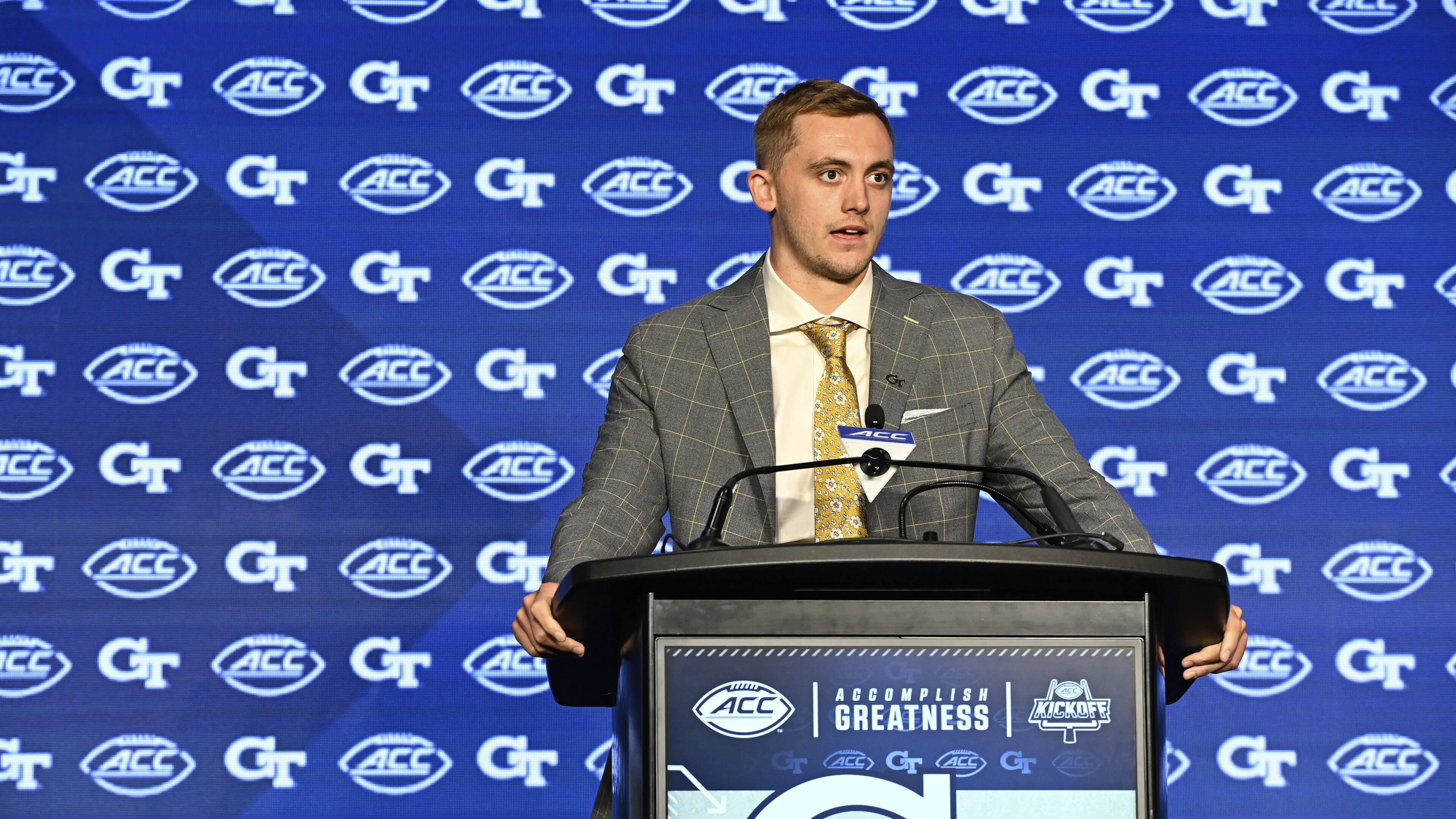 Georgia Tech quarterback Haynes King meets with the media Monday during the ACC Football Kickoff in Charlotte.