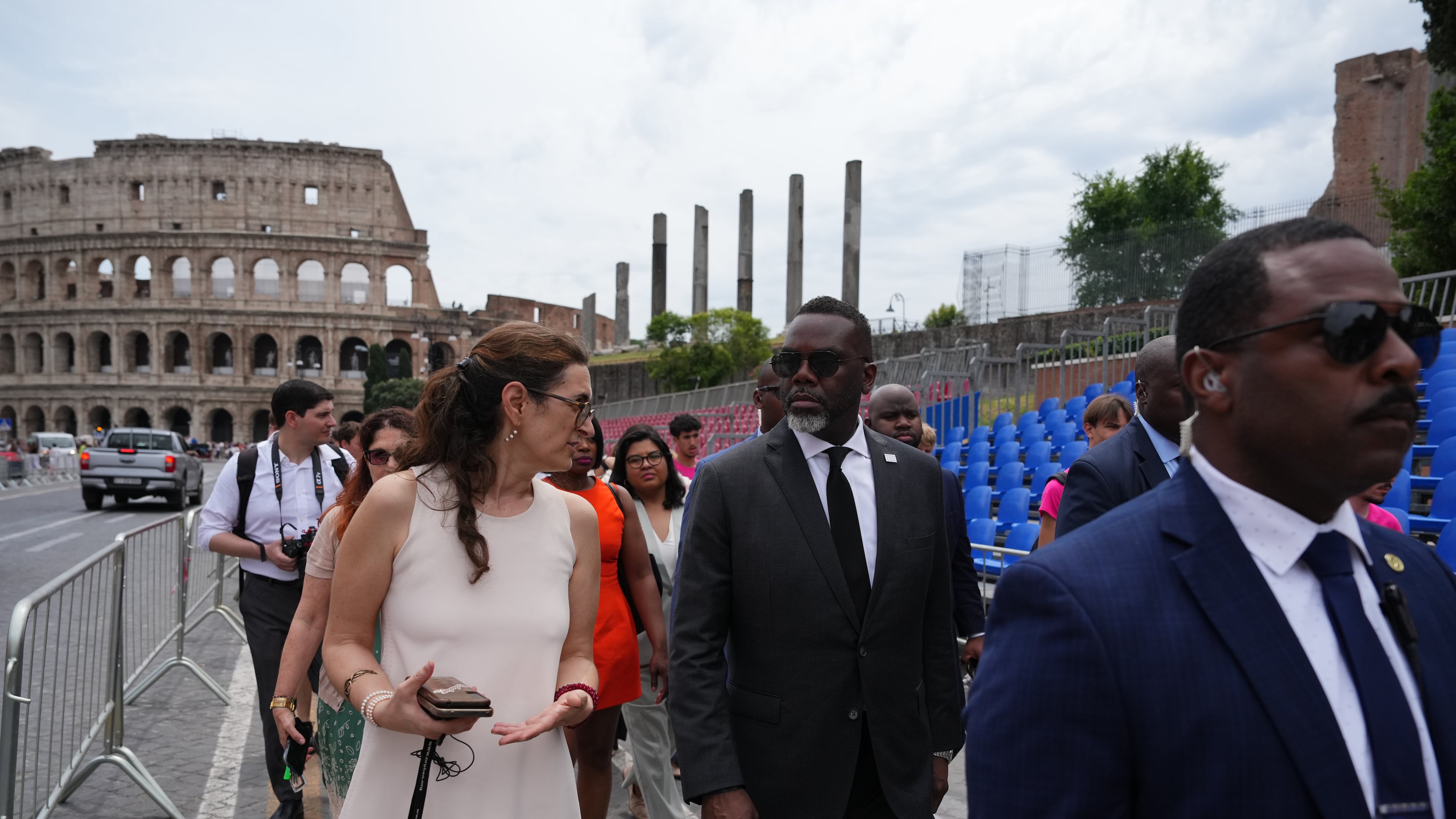 Chicago's Mayor Brandon Johnson, center, arrives for a tour at the Metro C Colosseum train station in Rome, Friday, May 29, 2026. (AP Photo/Alessandra Tarantino)