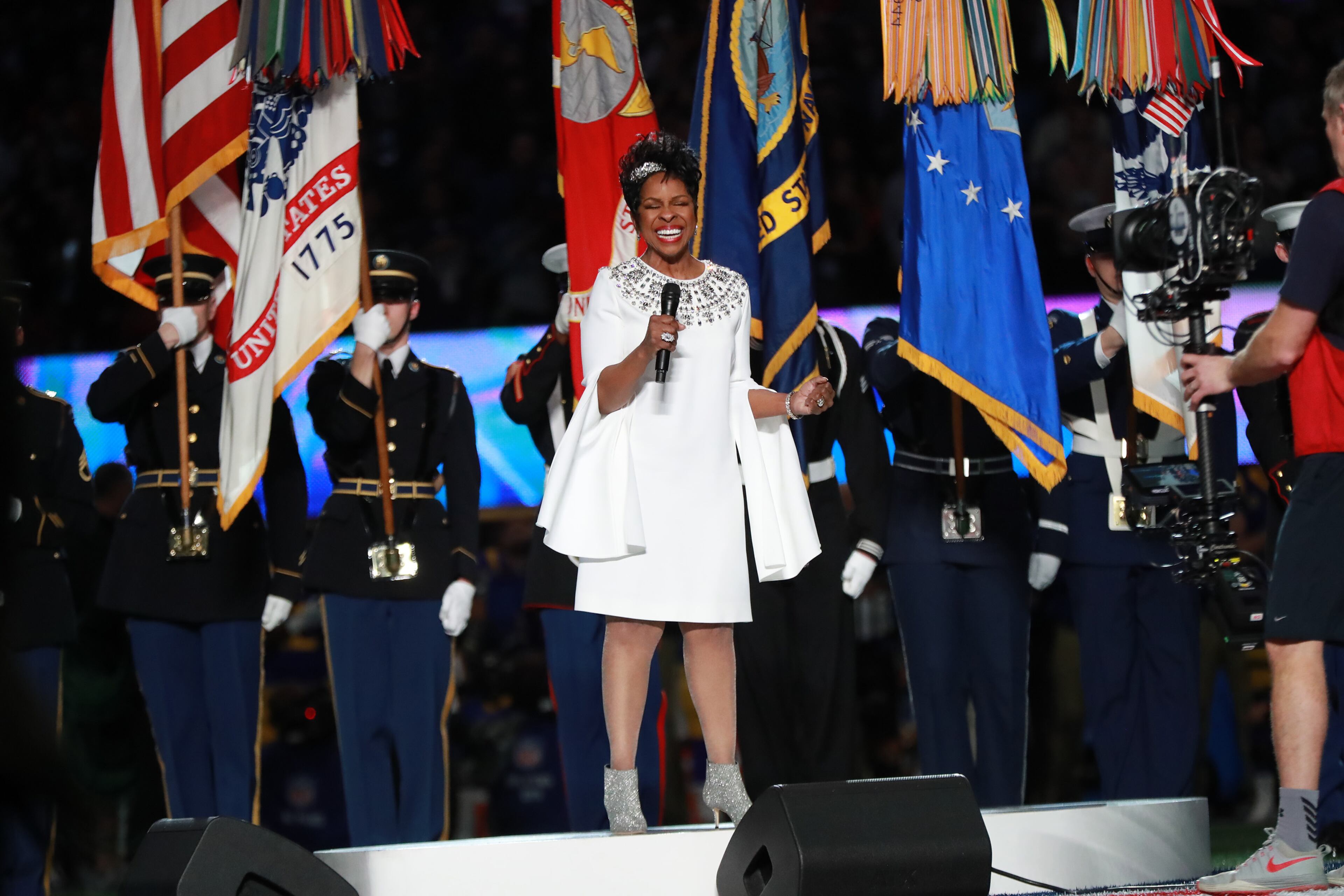 2/3/19 - Atlanta - Gladys Knight sings the national anthem before the New England Patriots play the Los Angeles Rams in Super Bowl LIII on Sunday, Feb. 3, 2019 at Mercedes-Benz Stadium in Atlanta, Ga. 
CURTIS COMPTON / CCOMPTON@AJC.COM