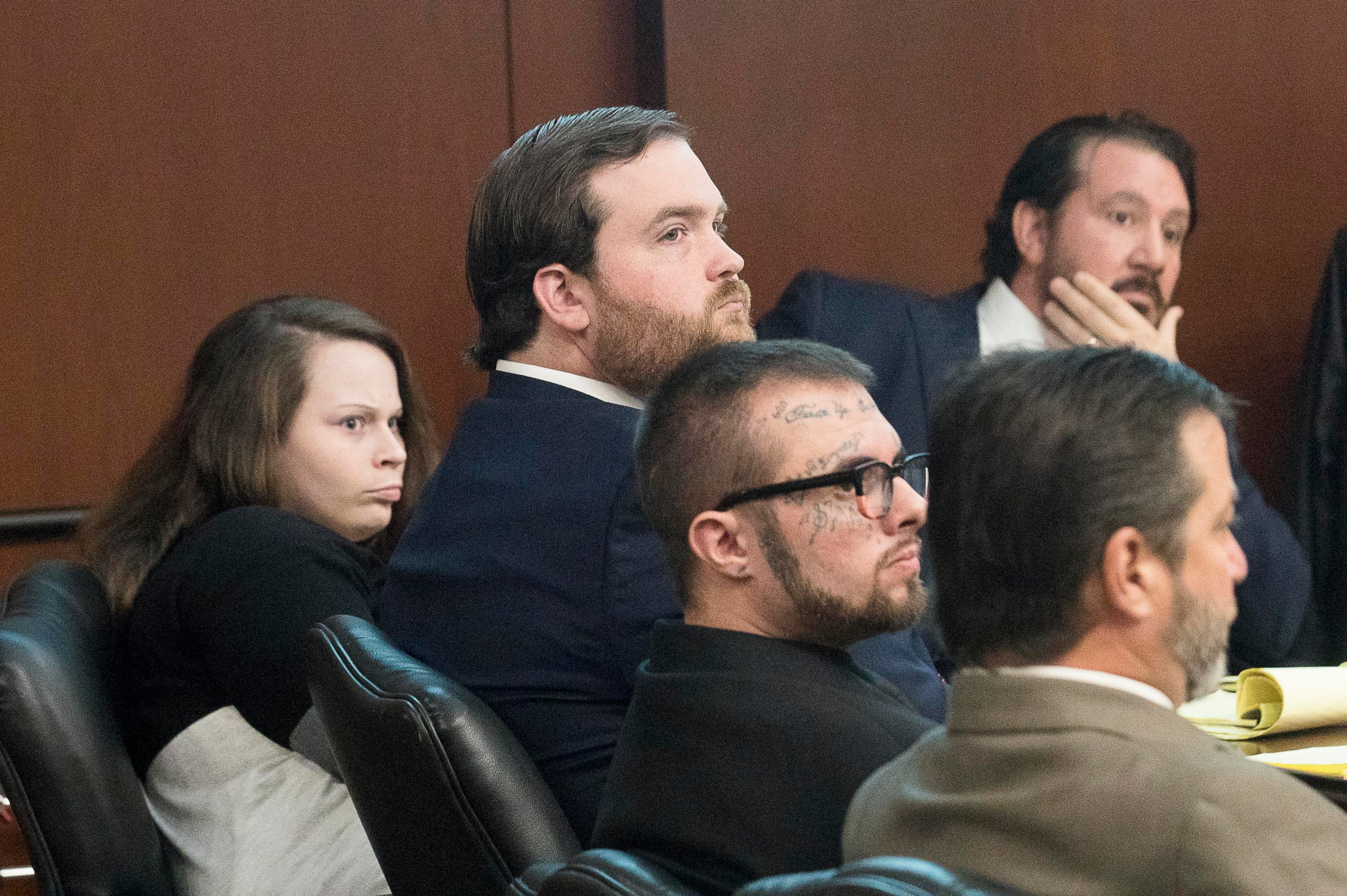 05/13/2019 -- Covington, Georgia -- Cortney Bell (far left) and Christopher McNabb (second from right) sit with their lawyers during their murder trial in front of Georgia Chief Superior Court Judge John M. Ott at the Newton County Courthouse in Covington, Monday, May 13, 2019. (ALYSSA POINTER/ALYSSA.POINTER@AJC.COM)