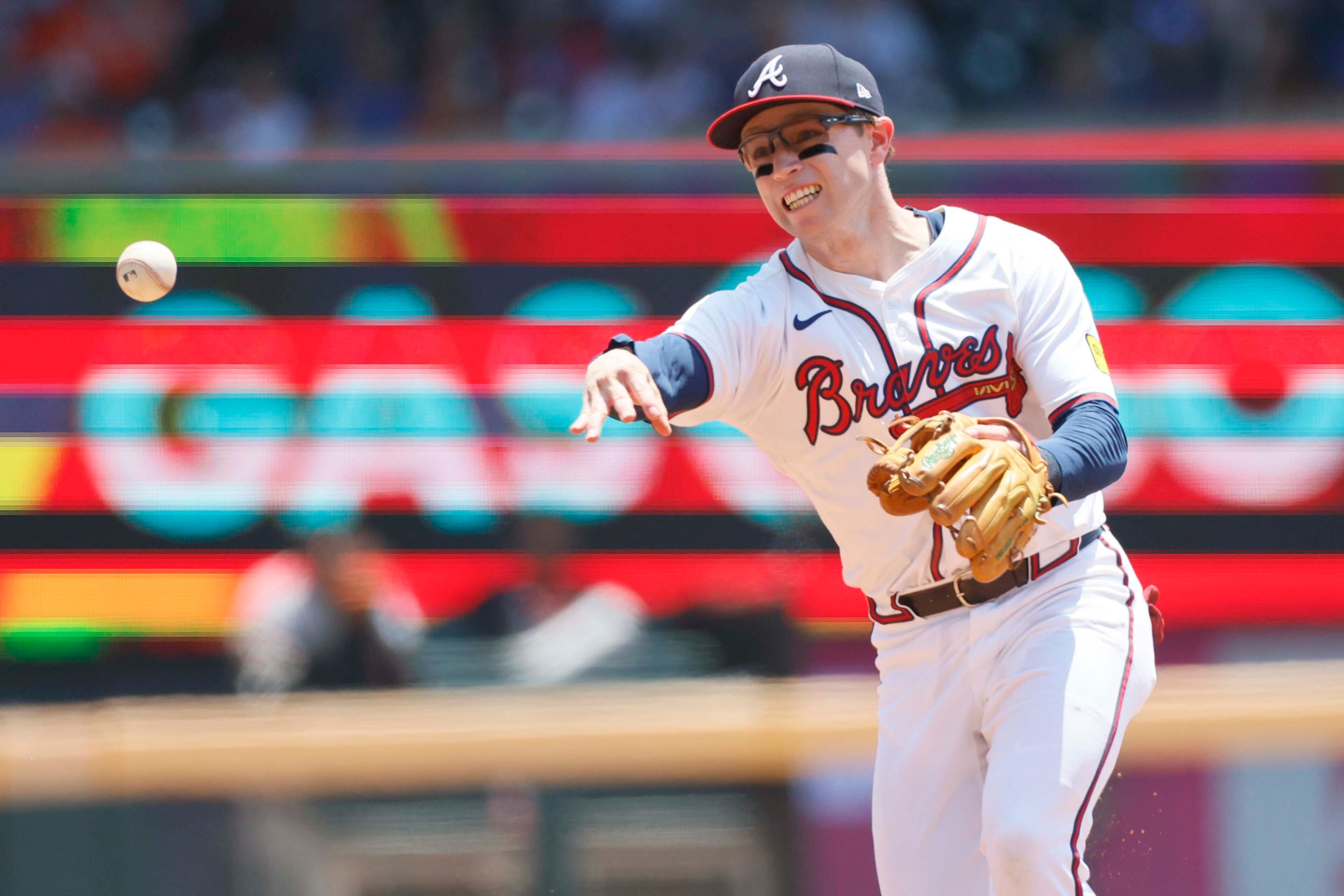 Atlanta Braves shortstop Nick Allen (2) throws to first base for an out during the fifth inning against the Baltimore Orioles at Truist Park on Sunday, July 6, 2025, in Atlanta.
(Miguel Martinez/ AJC)