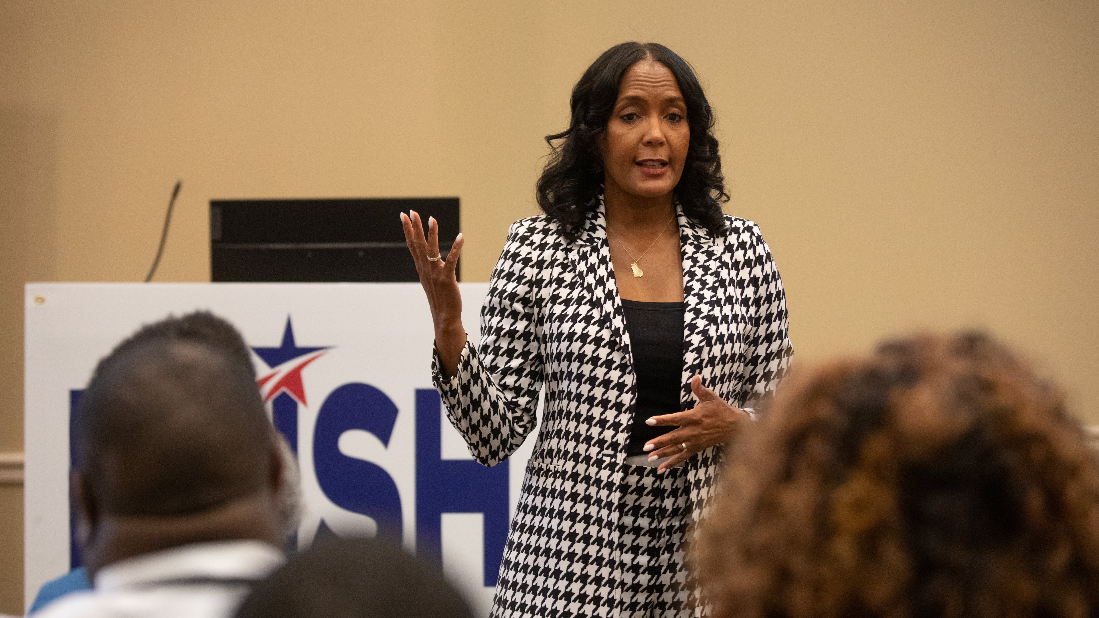 Former Atlanta Mayor Keisha Lance Bottoms speaks with voters at the Columbus Public Library on May 12, 2026 as part of her final statewide push ahead of the Democratic gubernatorial primary election.