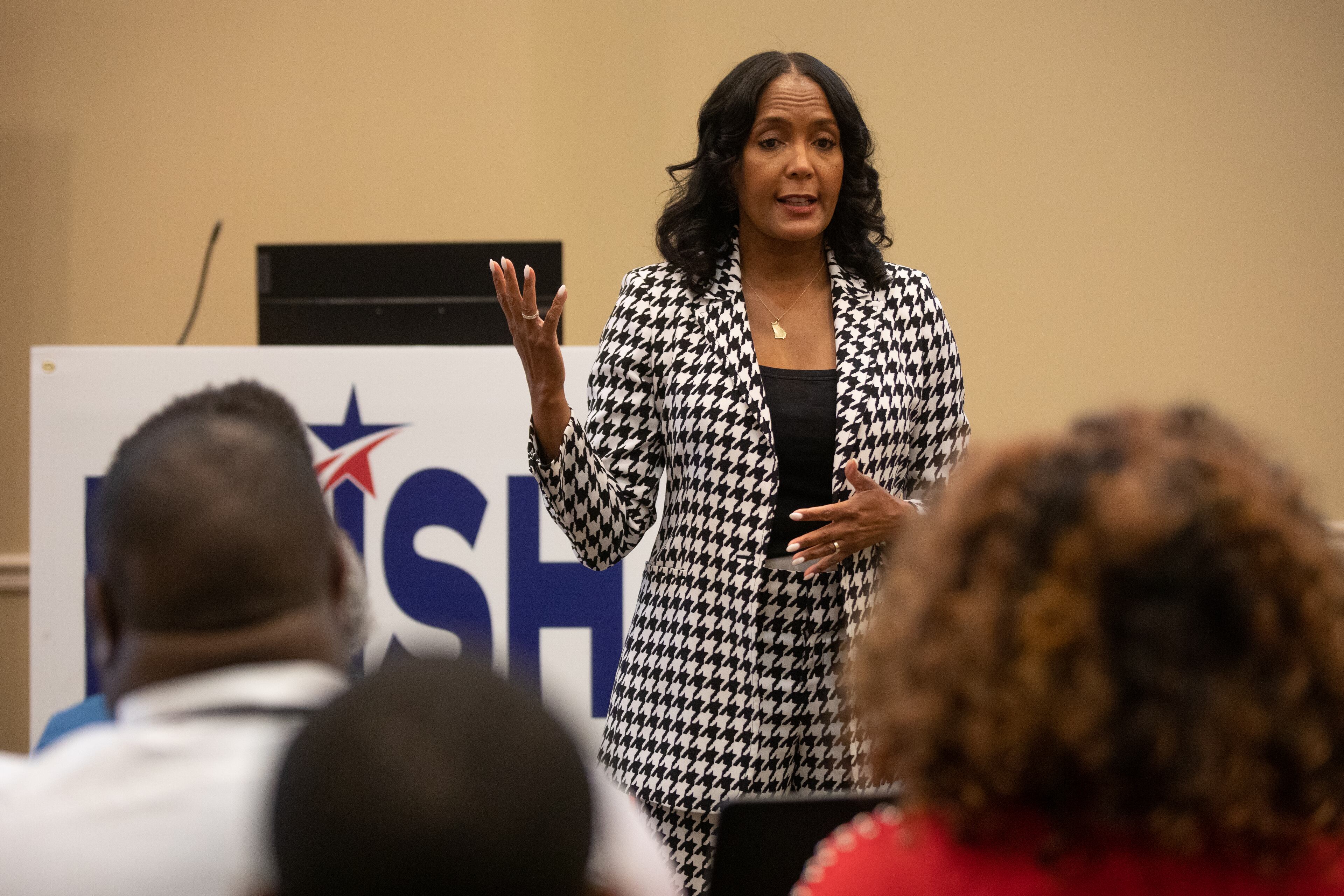 Former Atlanta Mayor Keisha Lance Bottoms speaks with voters at the Columbus Public Library on May 12, 2026 as part of her final statewide push ahead of the Democratic gubernatorial primary election.