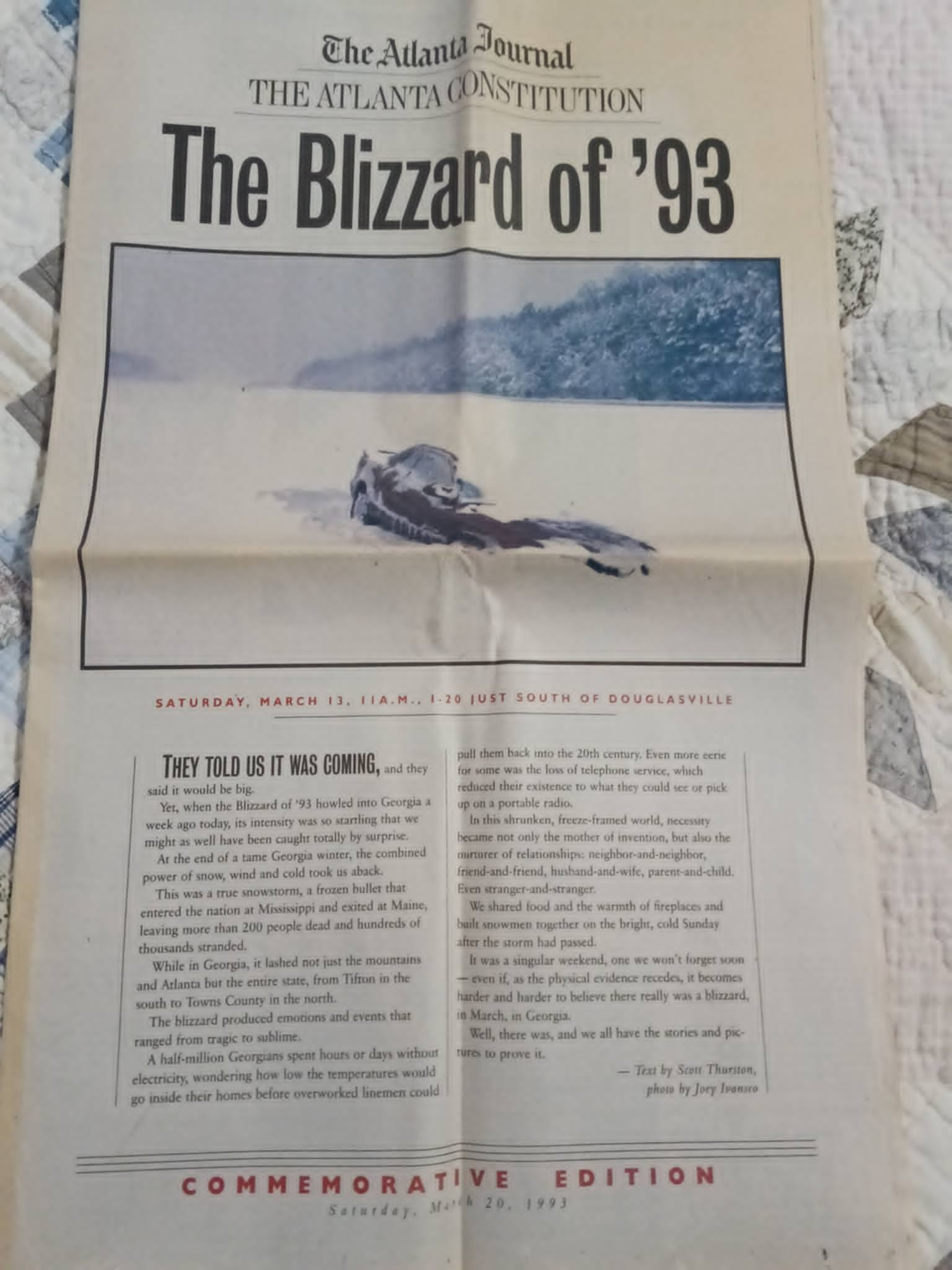 Kathleen Whitehead still has her copy of The Atlanta Journal-Constitution from the Blizzard of 1993. (Photo provided by Kathleen Whitehead)