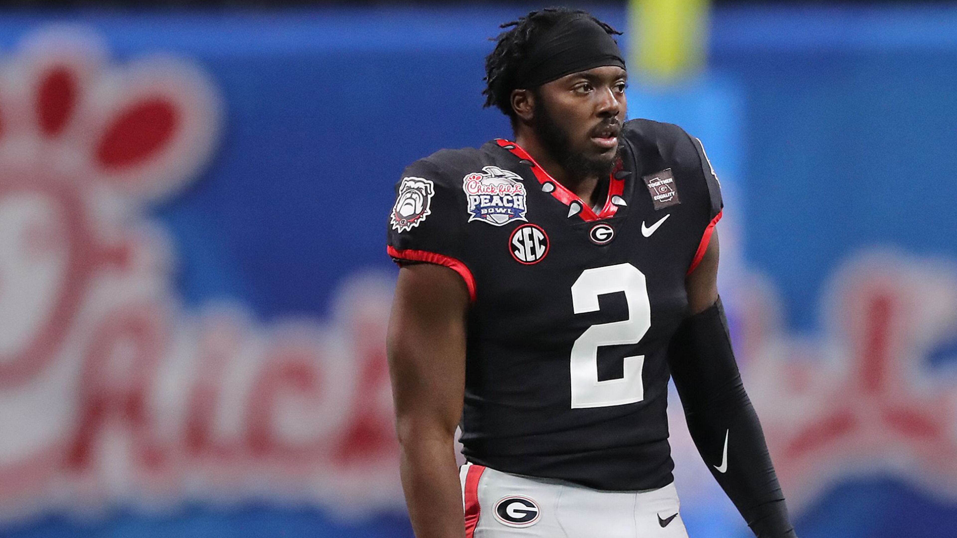 Georgia defensive back Richard LeCounte, who was injured in a motorcycle accident earlier in the season, prepares to play Cincinnati in the NCAA college football Peach Bowl game on Friday, Jan. 1, 2021, in Atlanta. Curtis Compton / Curtis.Compton@ajc.com���