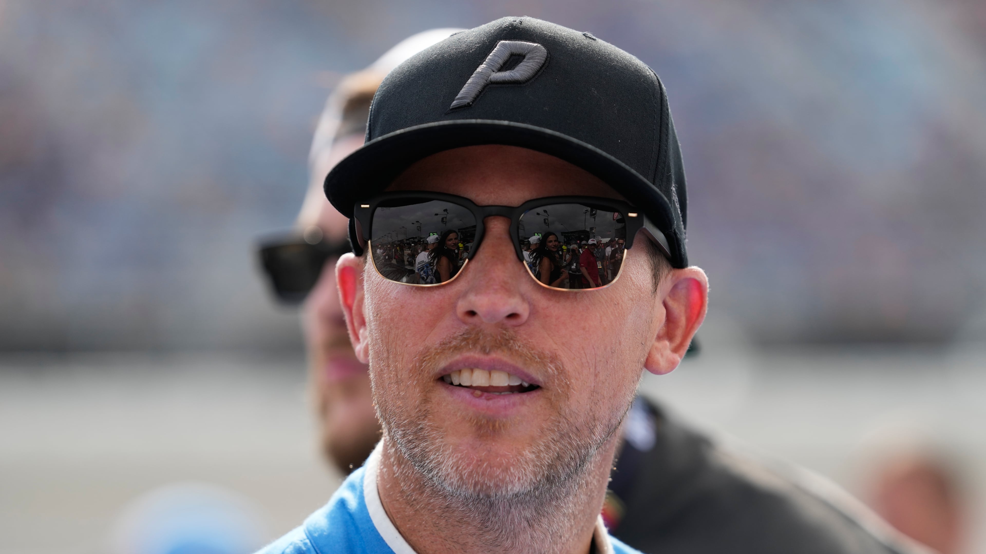 Denny Hamlin looks around before the start of a NASCAR Cup Series auto race at Chicagoland Speedway in Joliet, Ill., Sunday, July 5, 2026. (AP Photo/Nam Y. Huh)
