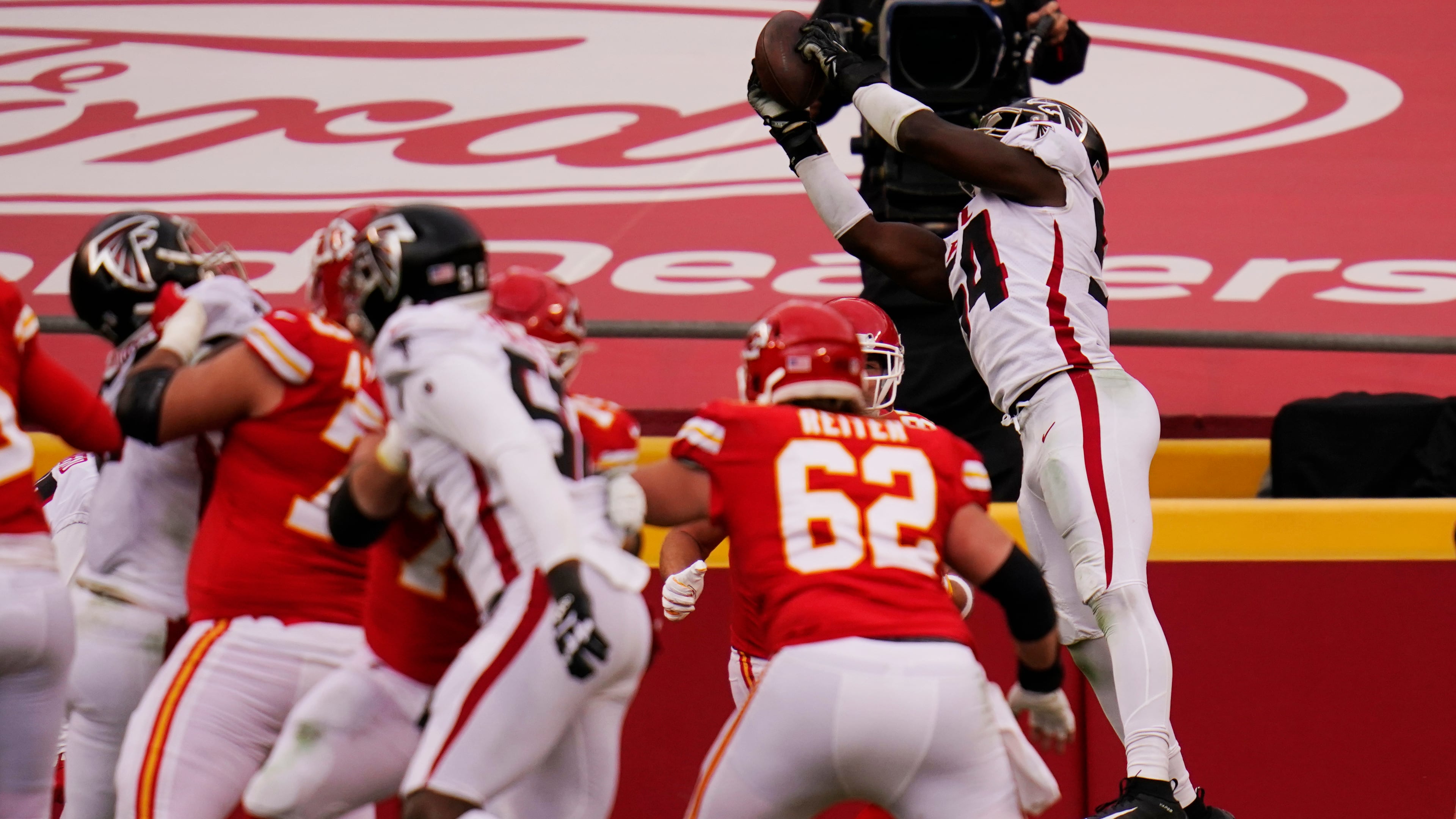 Atlanta Falcons linebacker Foyesade Oluokun intercepts a pass from Kansas City Chiefs quarterback Patrick Mahomes during the second half Sunday, Dec. 27, 2020, in Kansas City, Mo. (Jeff Roberson/AP)
