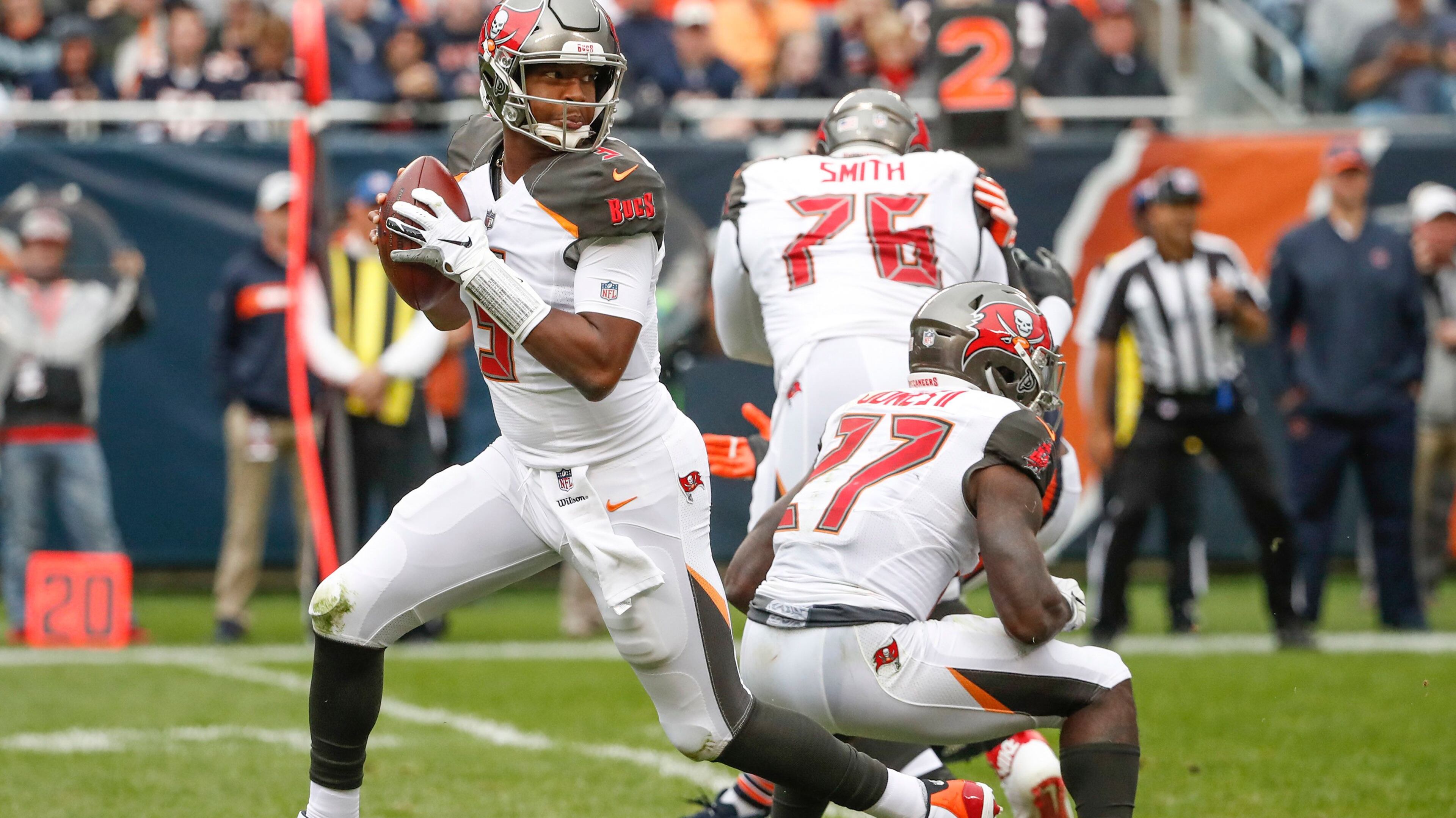 Tampa Bay Buccaneers quarterback Jameis Winston (3) looks to pass the ball against the Chicago Bears during the second half at Soldier Field.