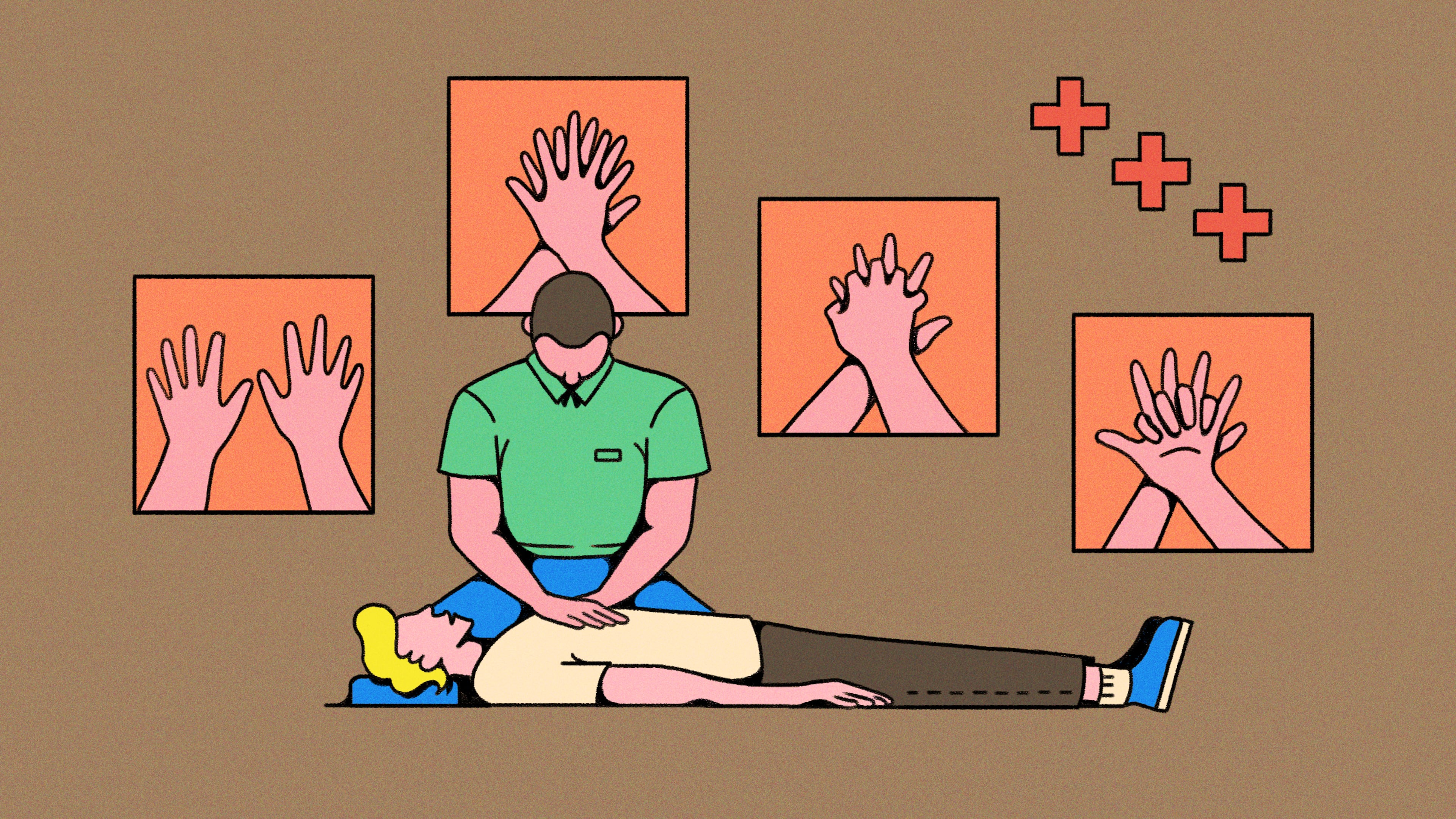 CPR keeps blood flow active in the patient, increasing their odds of being successfully resuscitated once trained medical help arrives. (Illustration: Broly Su/AJC)