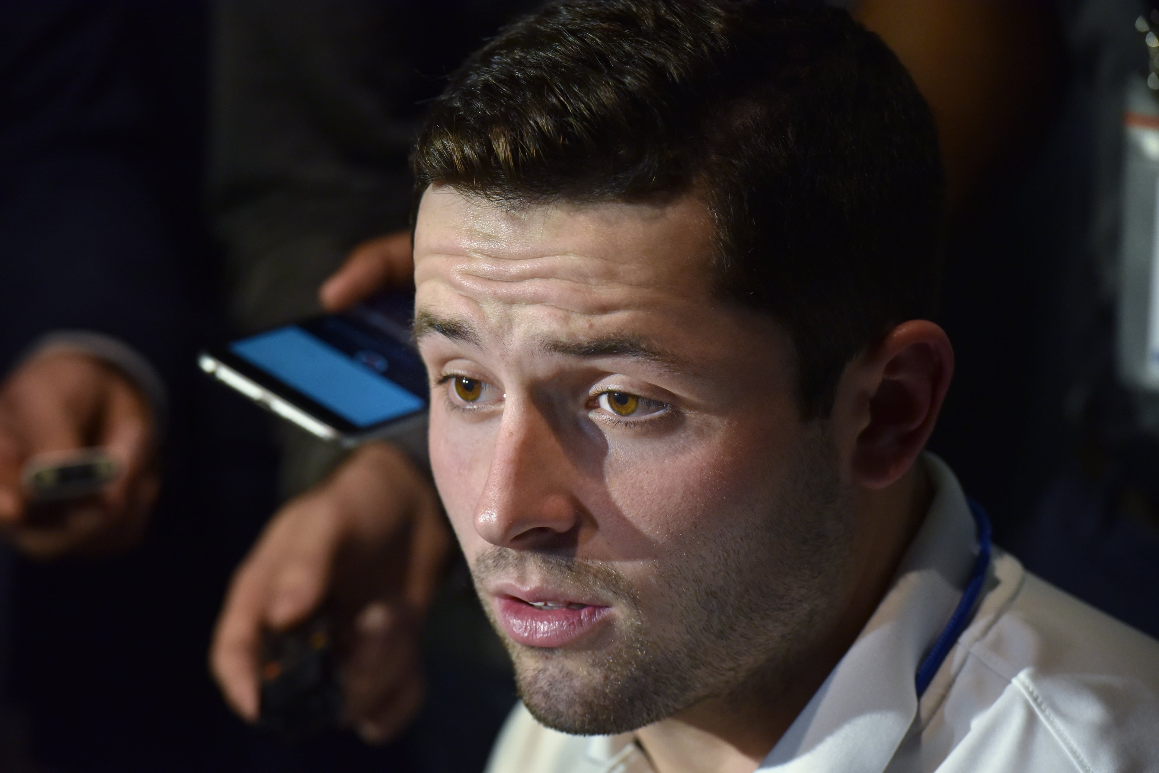 December 6, 2017 Atlanta - Oklahoma quarterback Baker Mayfield speaks to members of the press a day before the "College Football Awards" show at College Football Hall of Fame on Wednesday, December 6, 2017. HYOSUB SHIN / HSHIN@AJC.COM