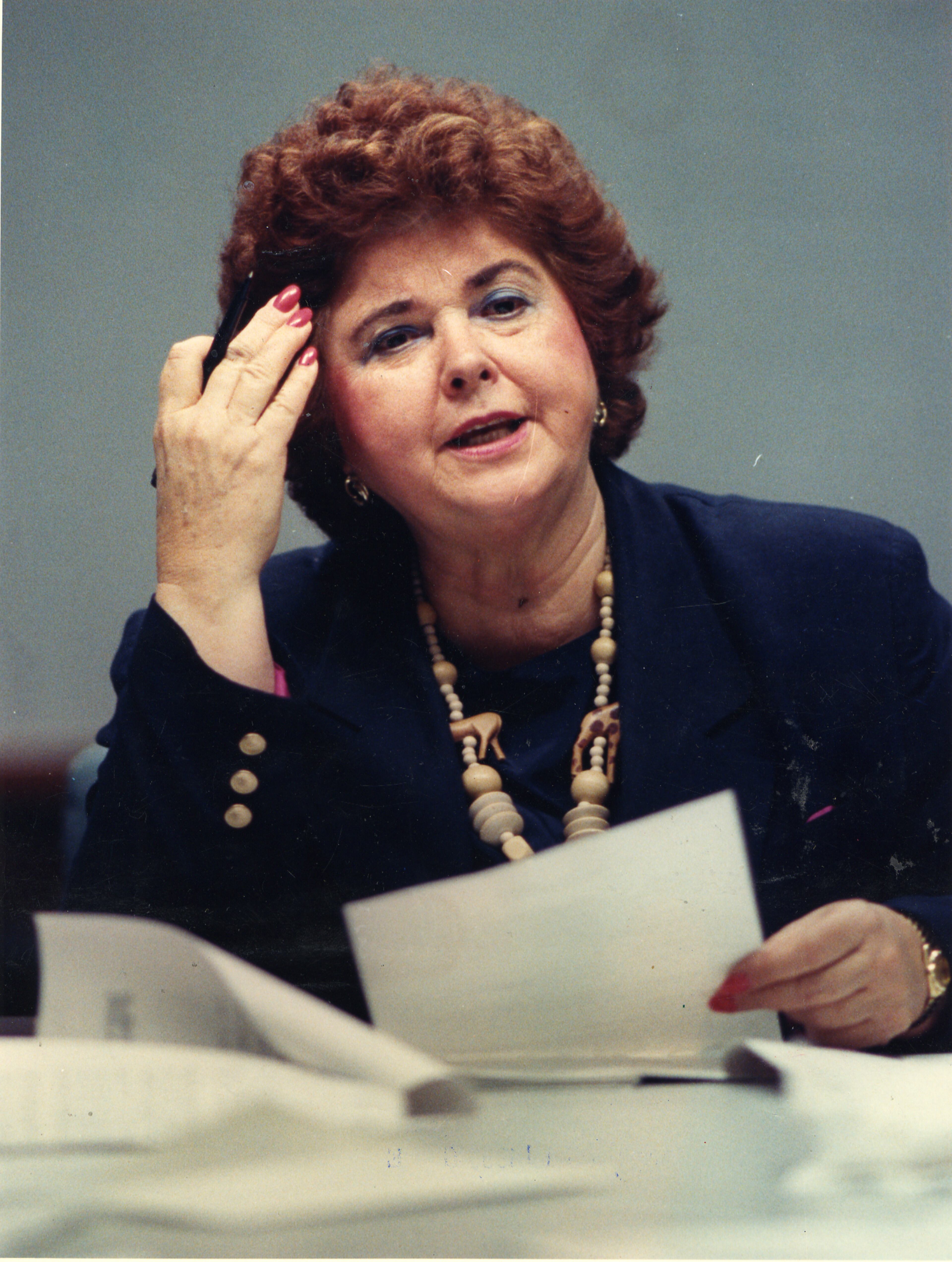 1990 -- Lillian Webb carries on with government business during a meeting. A recall drive against her didn't change her ways and critics acknowledged her "guts." -- Text by Billy Downs, AJC file