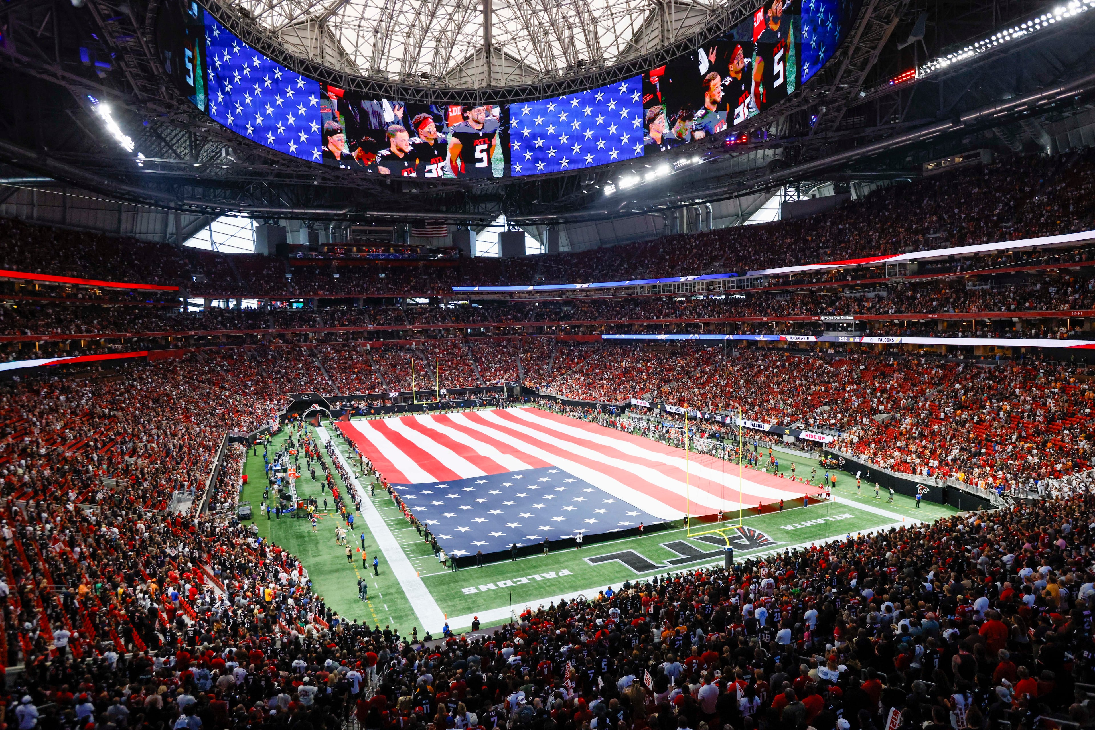 The American flag is displayed during the national anthem prior to the home opener game between the Atlanta Falcons and the Tampa Bay Buccaneers at Mercedes-Benz Stadium on Sunday, September 7, 2025, in Atlanta.
(Miguel Martinez/ AJC)