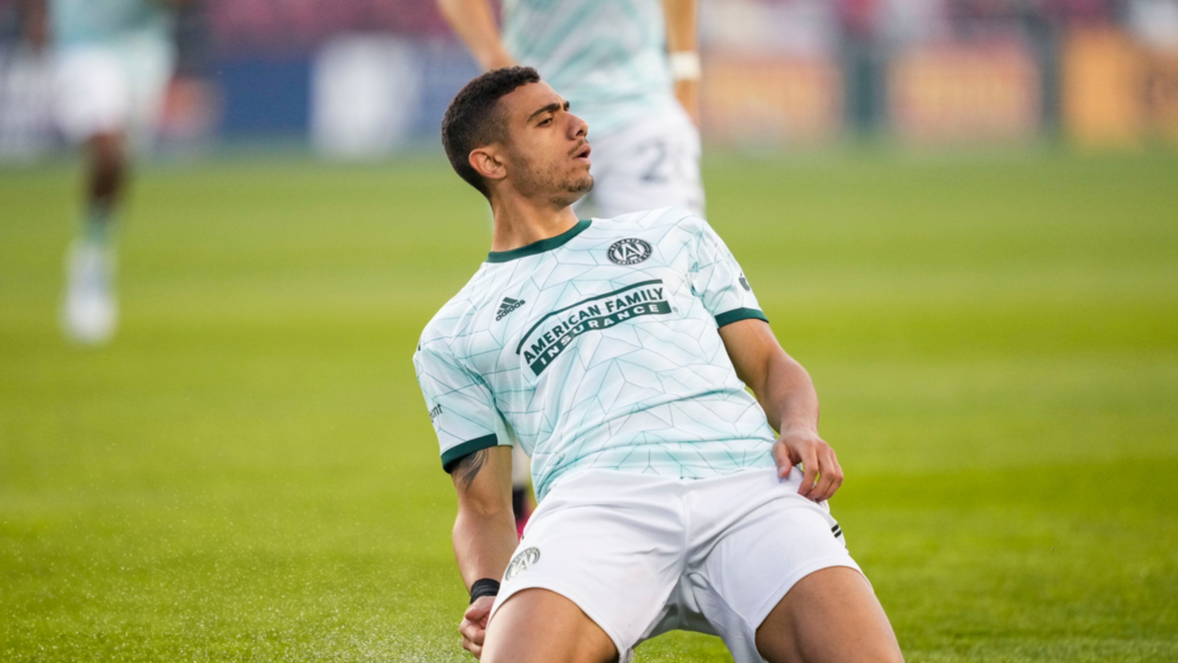 Atlanta United forward Giorgos Giakoumakis celebrates his goal against Toronto FC during the first half of an MLS soccer match Saturday, April 15, 2023, in Toronto. (Andrew Lahodynskyj/The Canadian Press via AP)