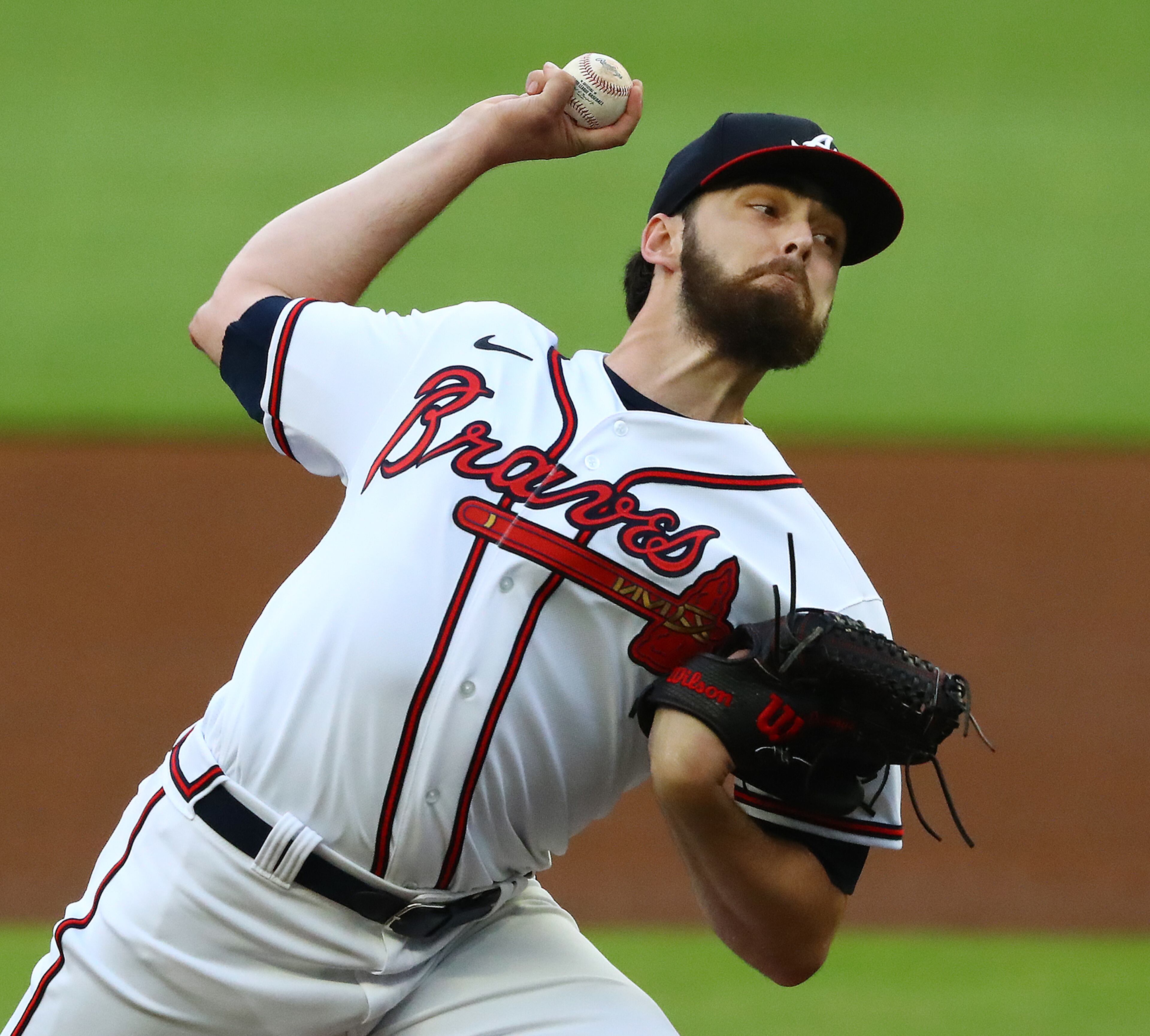 Braves starting pitcher Ian Anderson delivers against the St. Louis Cardinals during the first inning in a MLB baseball game on Tuesday, July 5, 2022, in Atlanta. “Curtis Compton / Curtis.Compton@ajc.com”