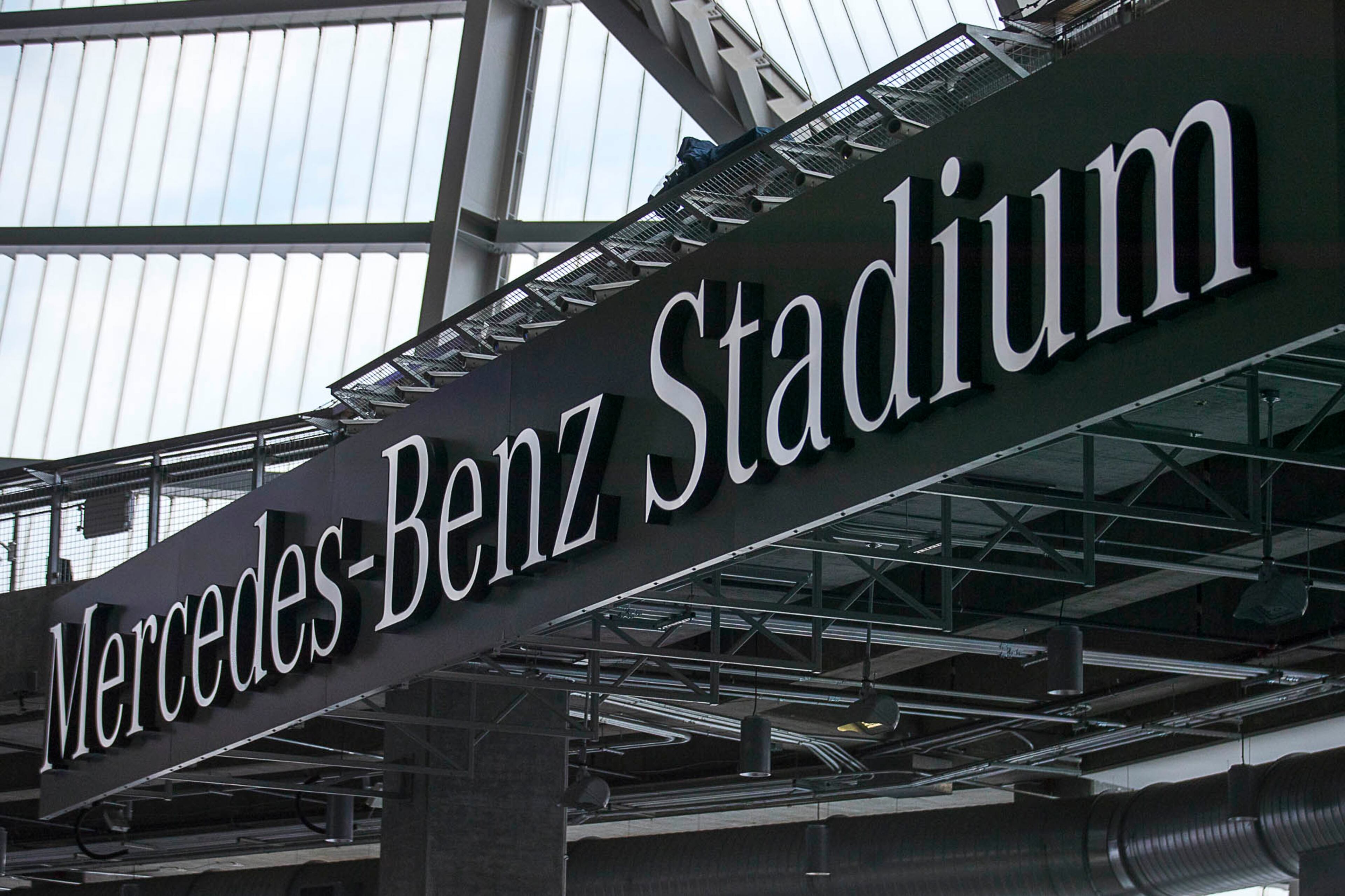 11/30/2018 -- Atlanta, Georgia -- The Mercedes Benz logo is displayed at Mercedes Benz Stadium in Atlanta, Friday, November 30, 2018. Georgia will play the Alabama in the 2018 SEC Championship game on Saturday. (ALYSSA POINTER/ALYSSA.POINTER@AJC.COM)
