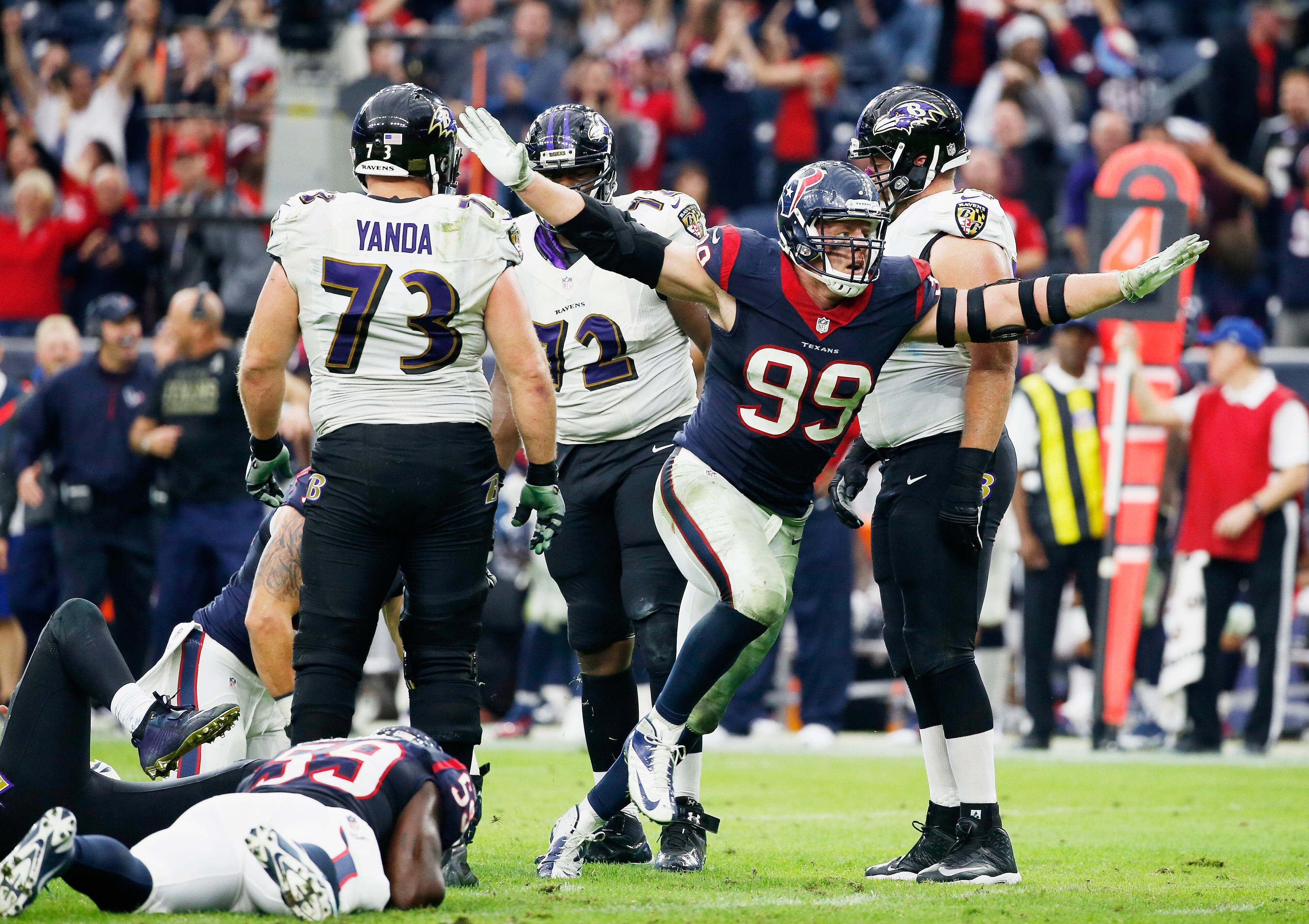 J.J. Watt records another sack, this one against the Baltimore Ravens. (Photo by Scott Halleran/Getty Images)