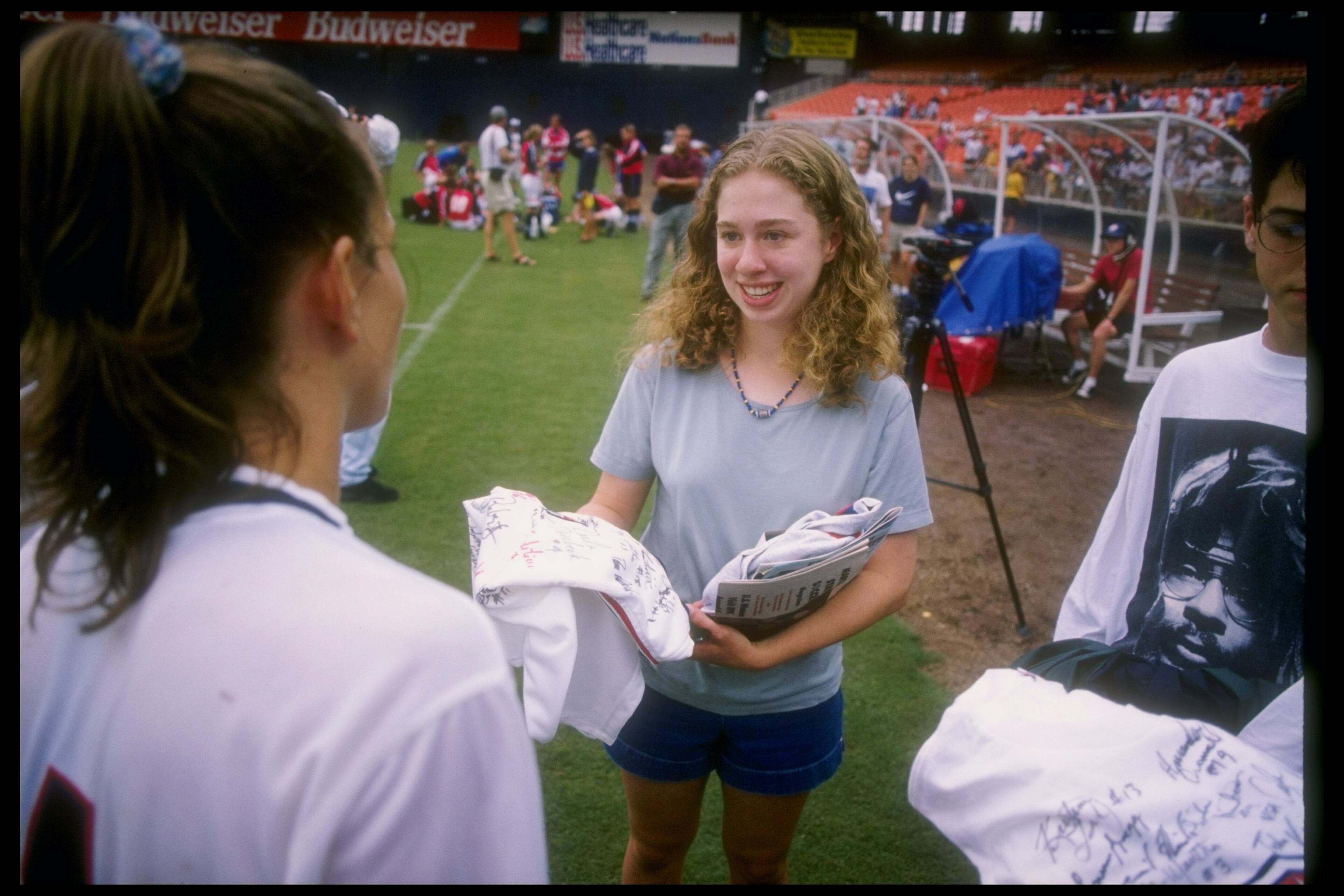 Chelsea Clinton, daughter of President Bill Clinton, speaks with spectators during a game between the United States and Norway at RFK Stadium in Washington, D. C. USA won the game, 2-1. Mandatory Credit: Rick Stewart /Allsport