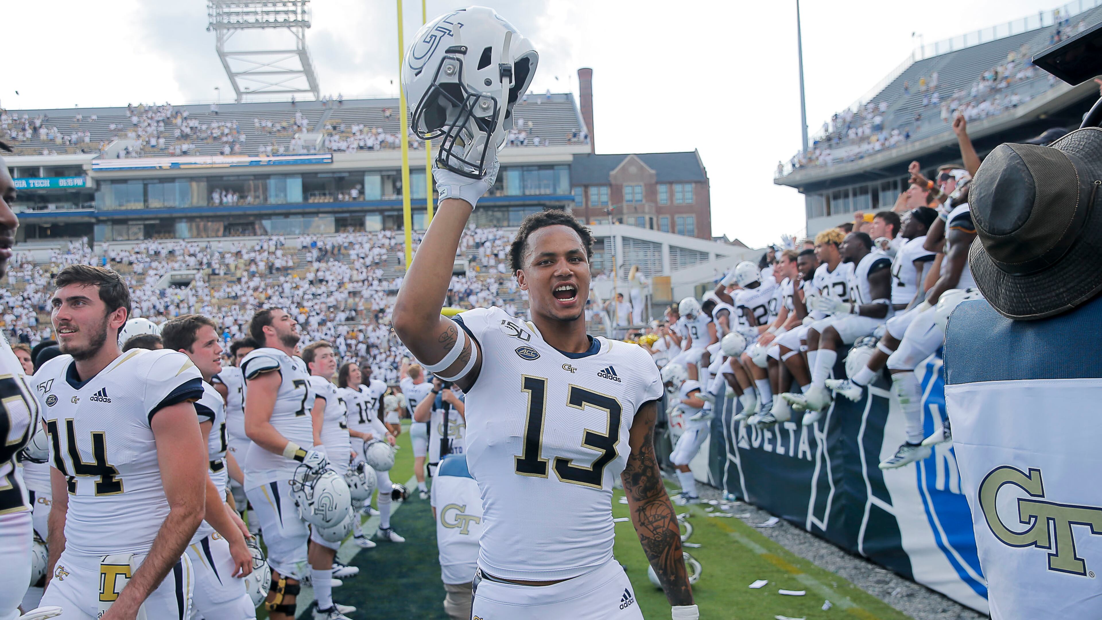 Georgia Tech Yellow Jackets defensive back Avery Showell (13) celebrates following the team's win over South Florida in Sept. 7, 2019. (Alyssa Pointer/alyssa.pointer@ajc.com)