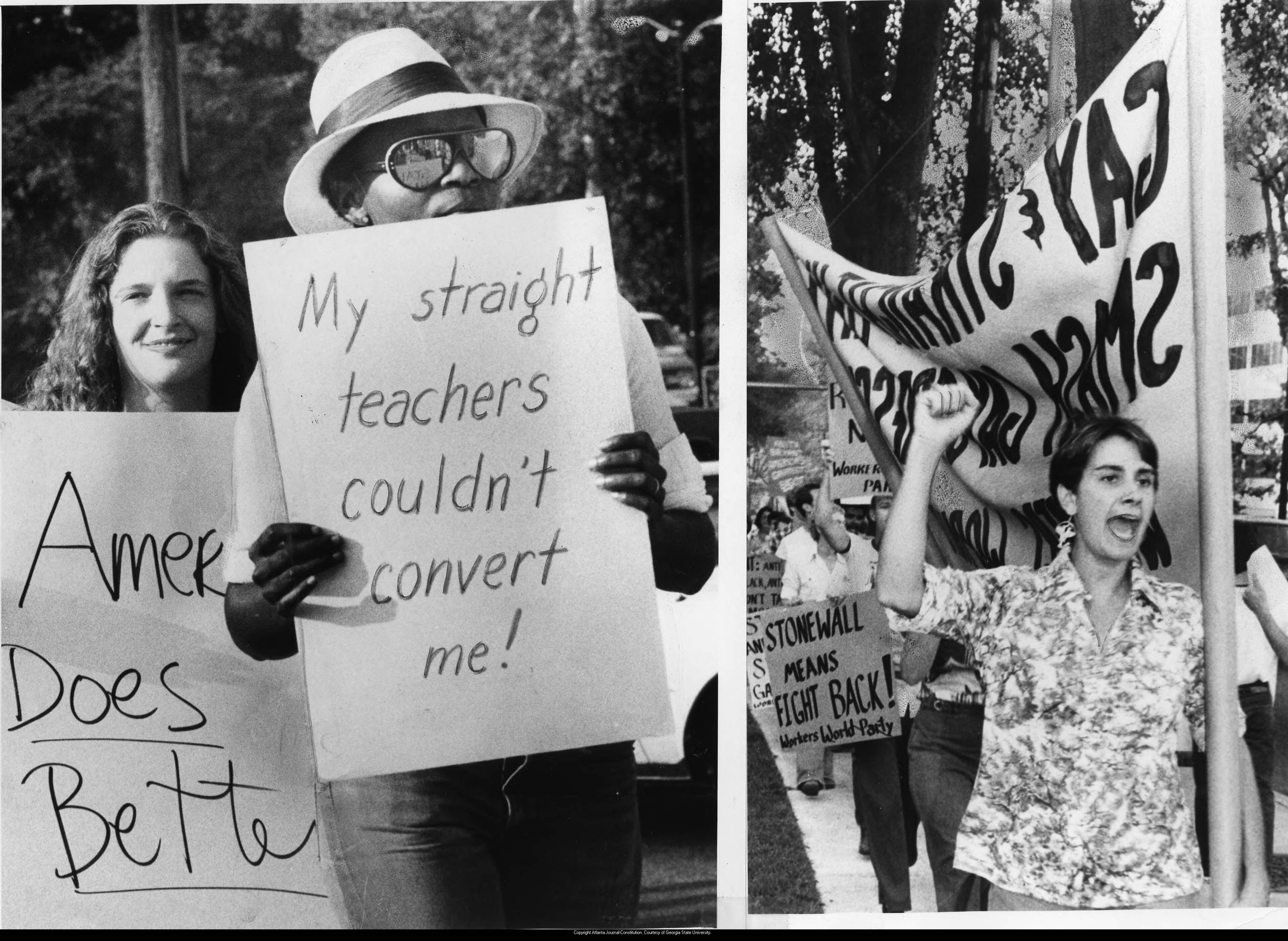 Gay rights protesters picket the Miss National Teenager pageant, opposing the choice of Anita Bryant as "America's Greatest American" by the 3,500 pageant finalists, Atlanta, Georgia, August 1977. PHOTOS BY MILNA LINN / AJC ARCHIVES