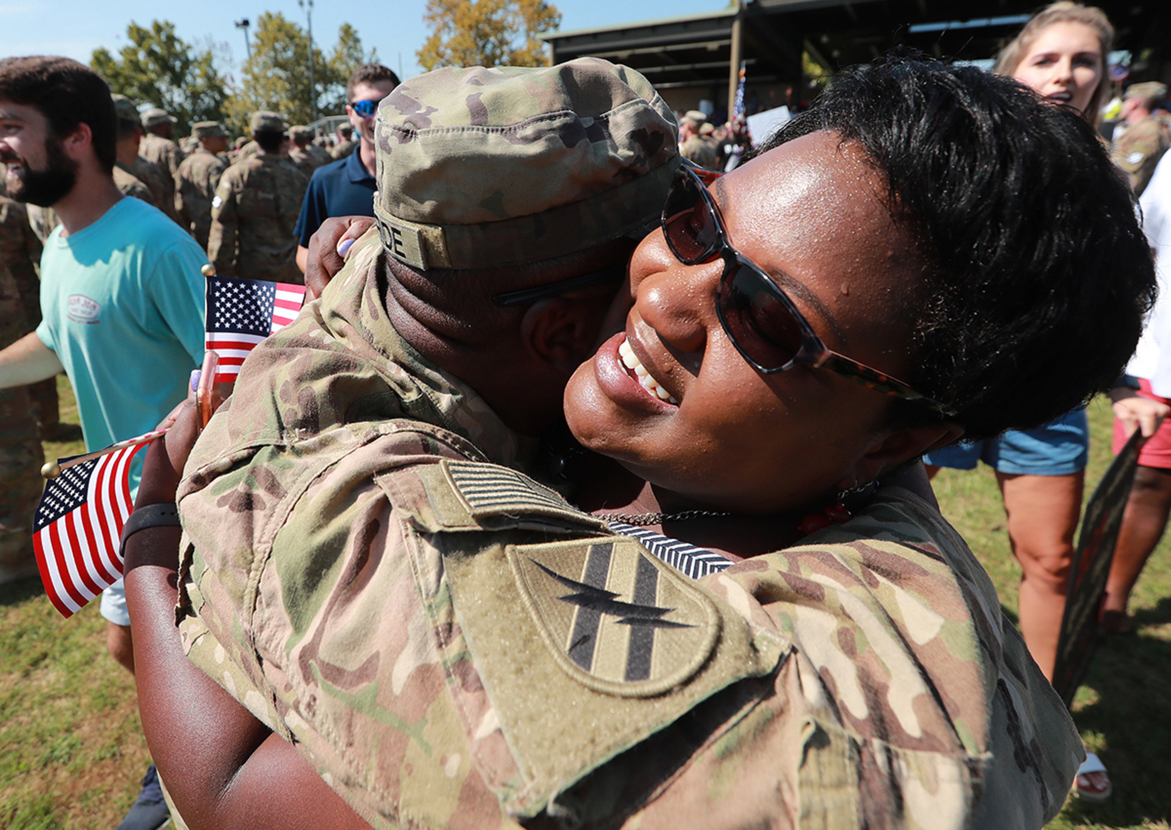 July 30, 2019 Fort Stewart: Sandra McBride embraces her son Ryan McBride as soldiers of the 48th Infantry Brigade Combat Team representing units from across the state return home from deployment to Afghanistan in support of Operation Resolute Support at Cottrell Field on Tuesday, July 30, 2019, in Fort Stewart. Curtis Compton/ccompton@ajc.com
