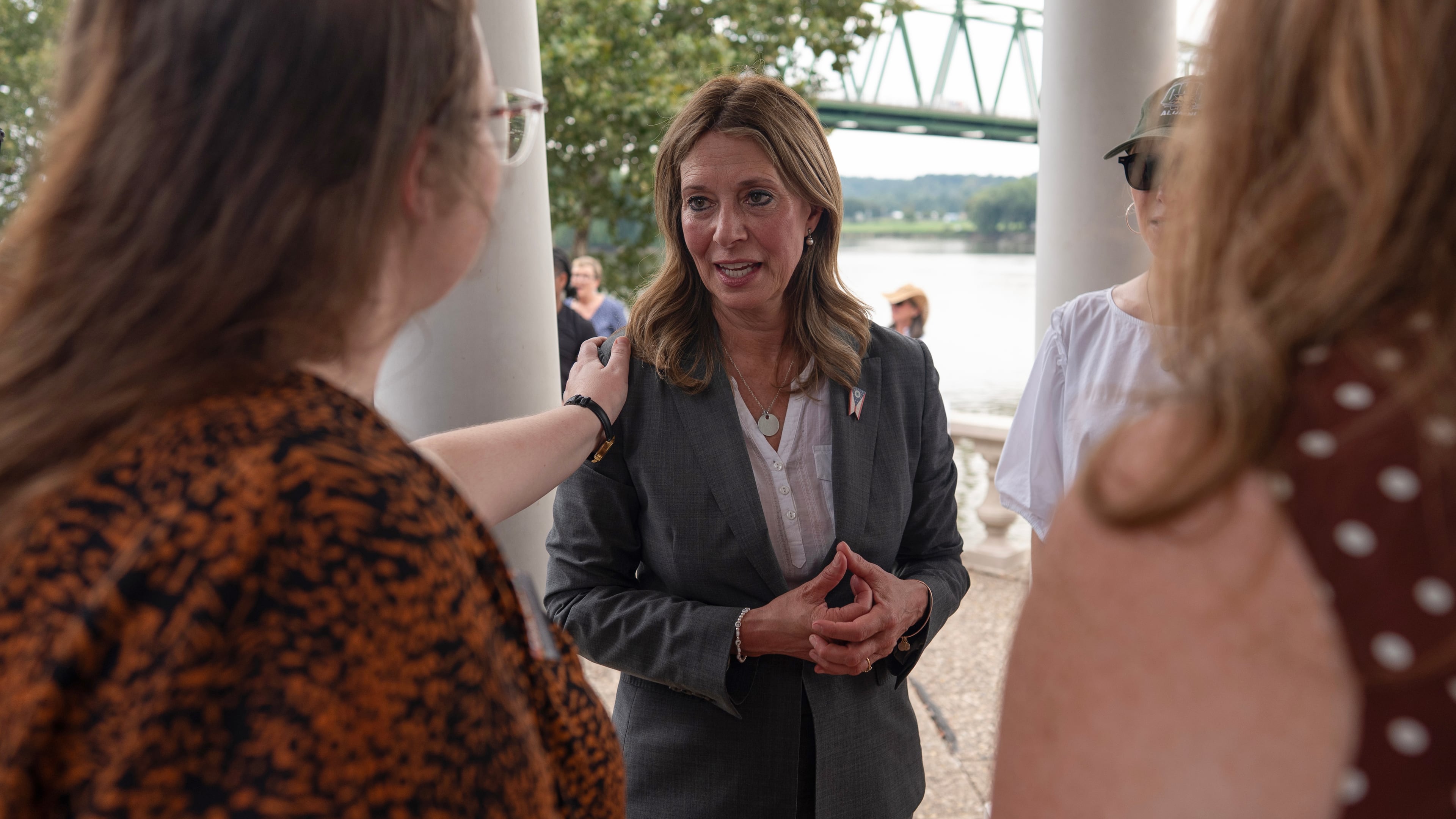 Democratic gubernatorial candidate Dr. Amy Acton speaks with supporters during a campaign event along the Ohio River, in Marietta, Ohio, Thursday, Sept. 17, 2026. (AP Photo/Carolyn Kaster)