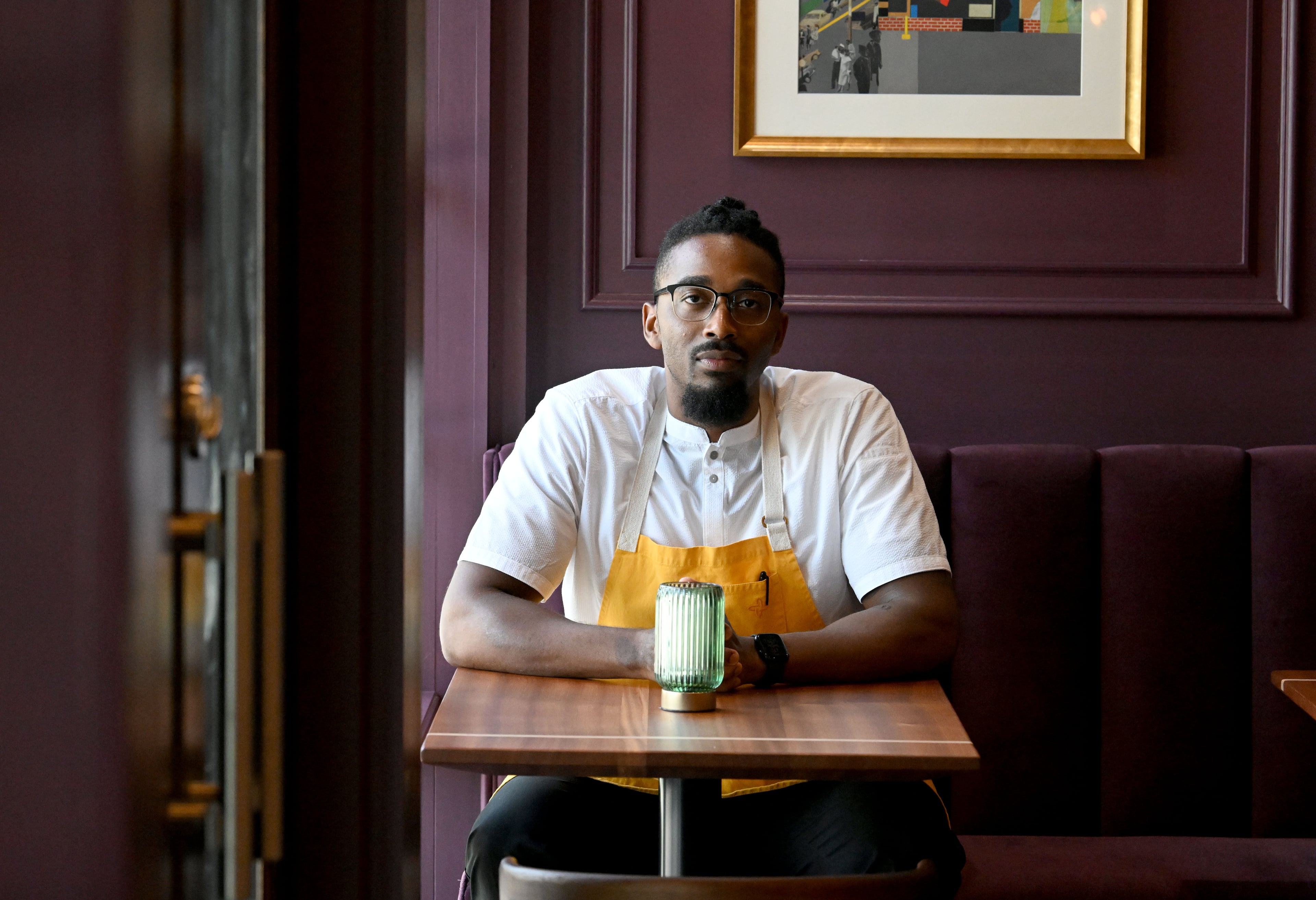 Chef Demetrius Brown poses for a portrait at Heritage Supper Club on Friday, Sept. 4, 2026, in Atlanta. Heritage, the highly anticipated new restaurant from Brown, is set to open Sept. 10. (Hyosub Shin/AJC)