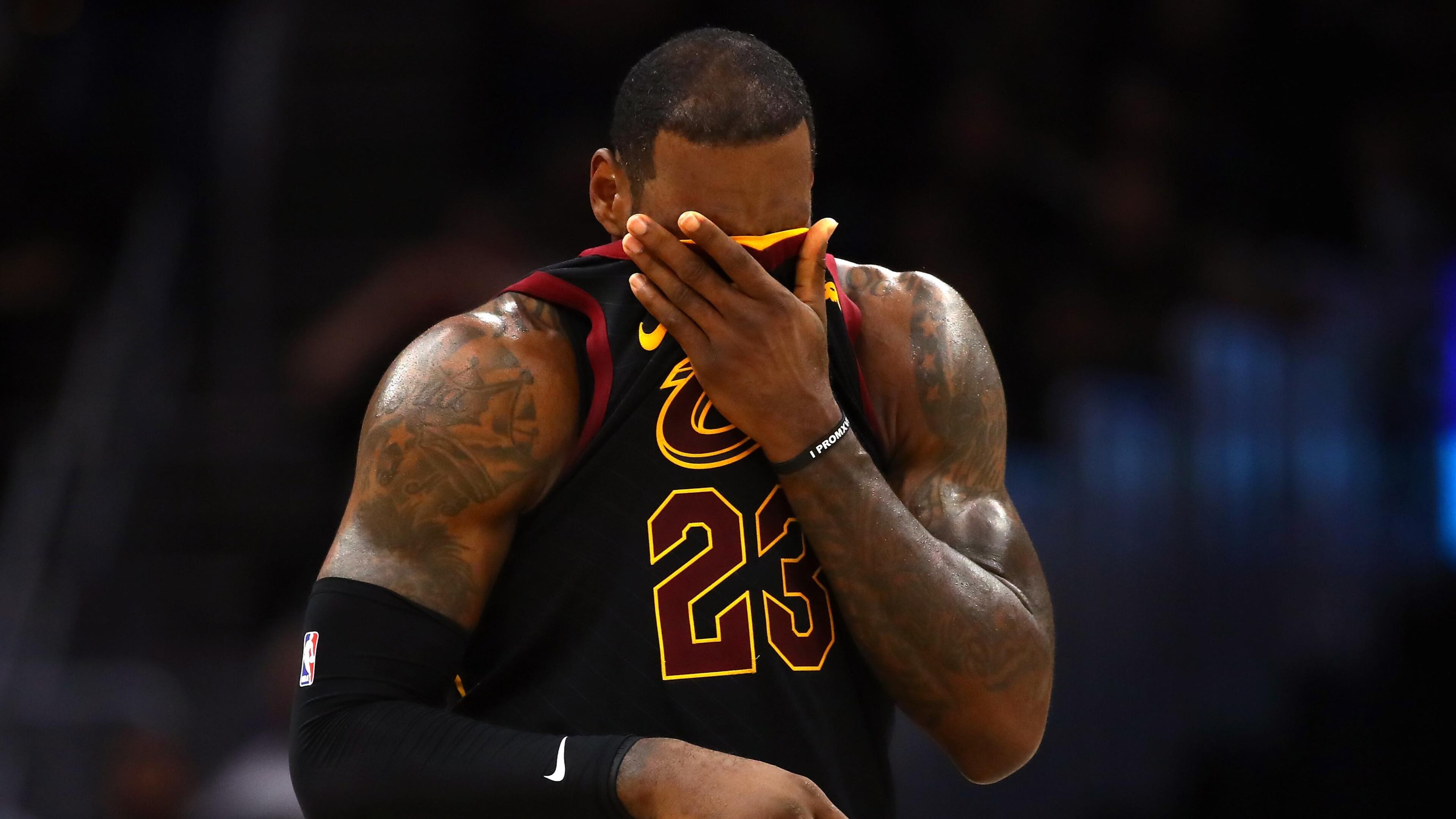 LeBron James #23 of the Cleveland Cavaliers reacts against the Golden State Warriors in the second half during Game Three of the 2018 NBA Finals at Quicken Loans Arena on June 6, 2018 in Cleveland, Ohio. (Photo by Gregory Shamus/Getty Images)