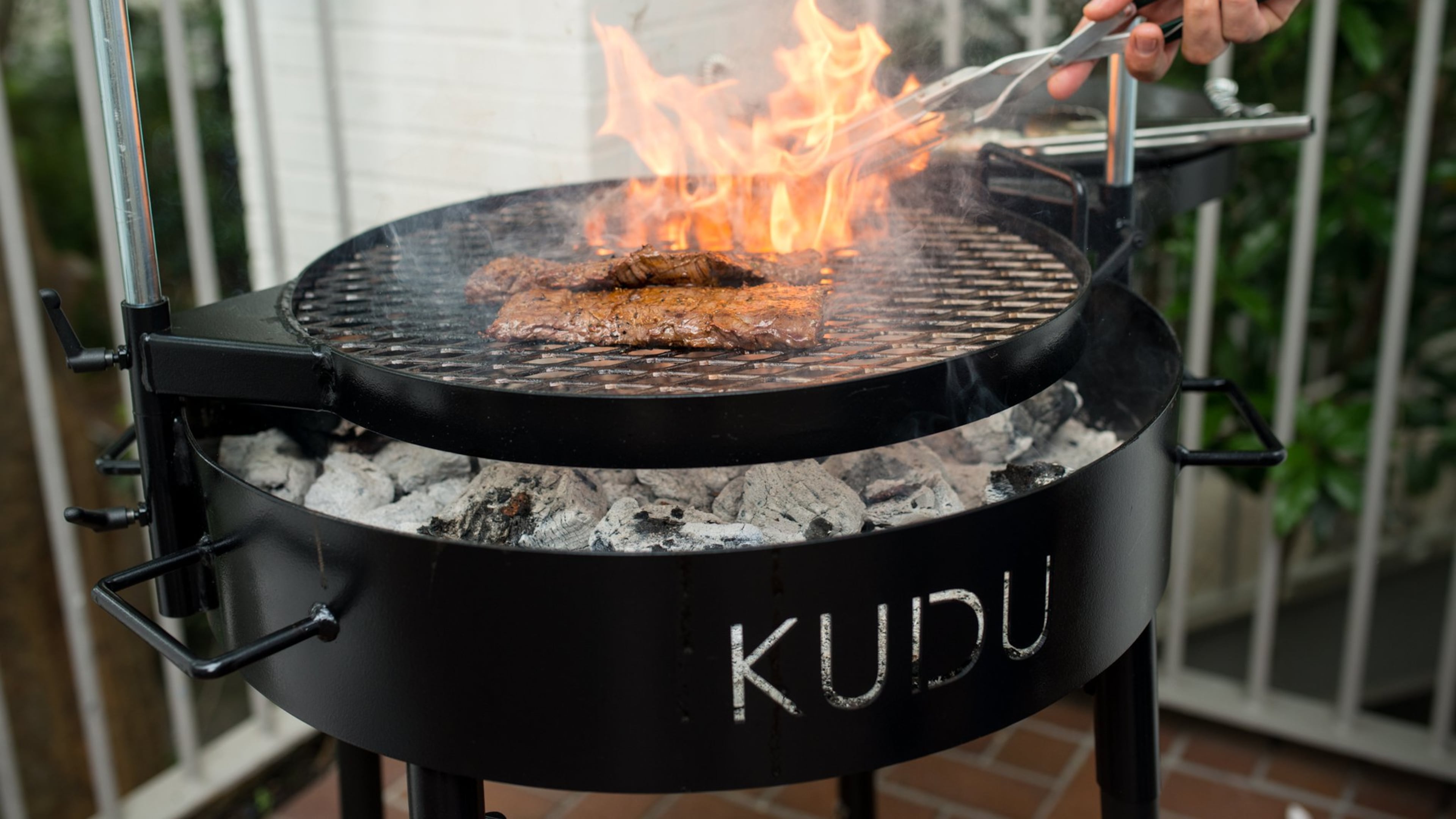 Skirt steak grilling on the Kudu grill. Photo credit- Mia Yakel.