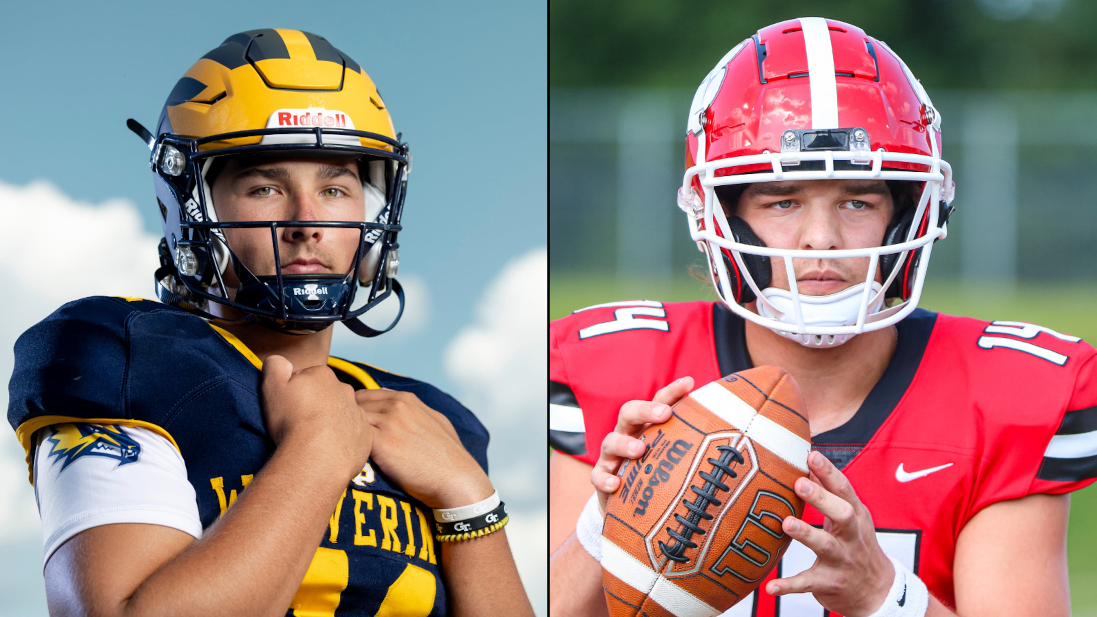 Aaron Philo (left) and Gunner Stockton are two of the most accomplished quarterbacks in Georgia high school football history. Now, they could be facing off in Atlanta as the starting quarterbacks for Florida and Georgia, respectively, on Oct. 31, 2026. (Jason Getz/AJC and Jeff Sentell/DawgNation)