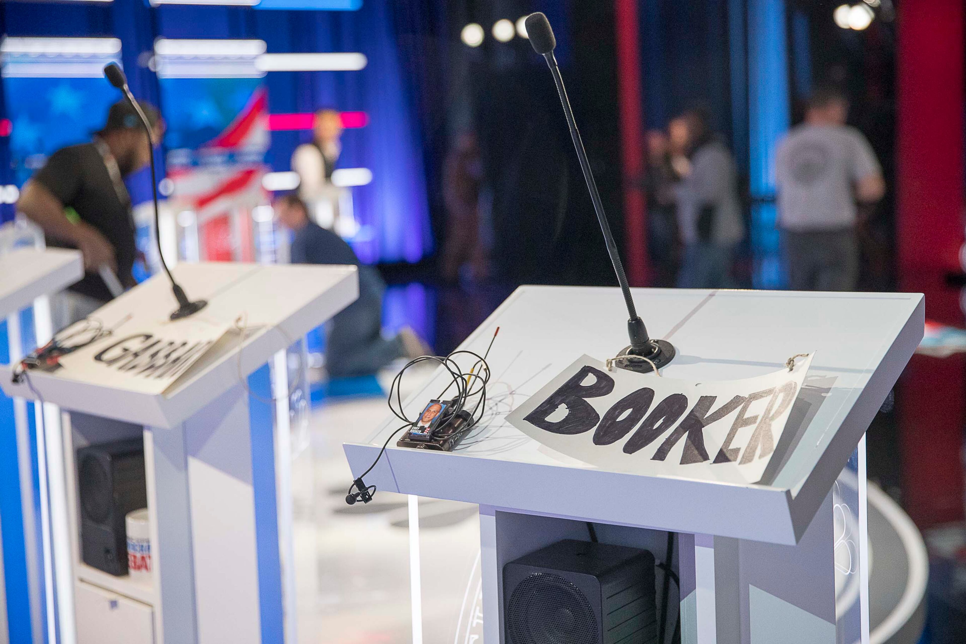11/19/2019 -- Atlanta, Georgia -- Crews continue to work on the final touches of the debate stage a day before the televised MSNBC/The Washington Post Democratic Presidential debate inside the Oprah Winfrey Soundstage at Tyler Perry Studios in Atlanta, Tuesday, November 19, 2019. (Alyssa Pointer/Atlanta Journal Constitution)