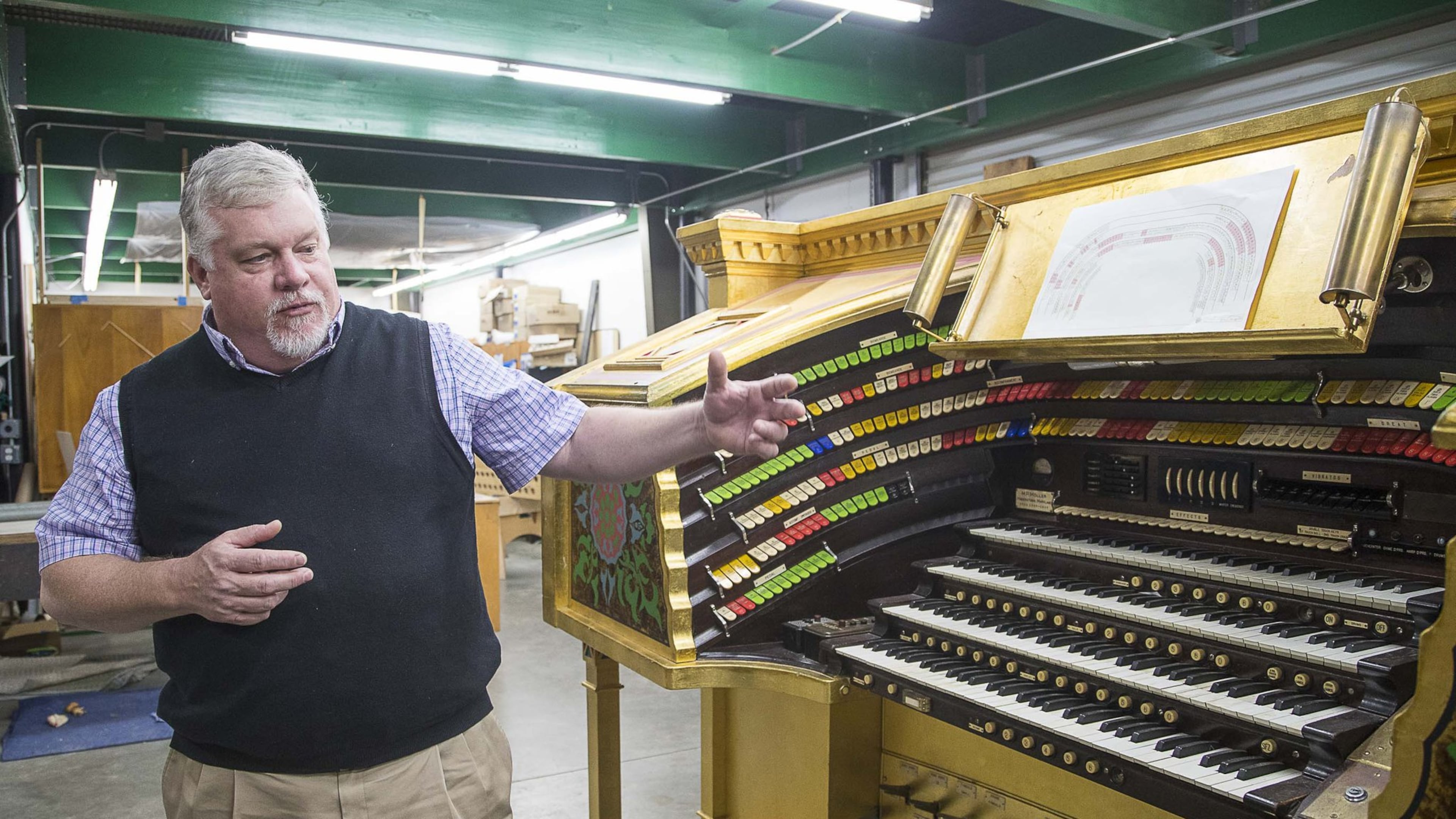 To construct a stand-in console for the Might Mo organ, Arthur Schlueter III and his colleagues took hundreds of measurements, built a 3-D digital version in a computer, and then a full-size paper mockup, before assembling a replacement instrument. (ALYSSA POINTER/ALYSSA.POINTER@AJC.COM)