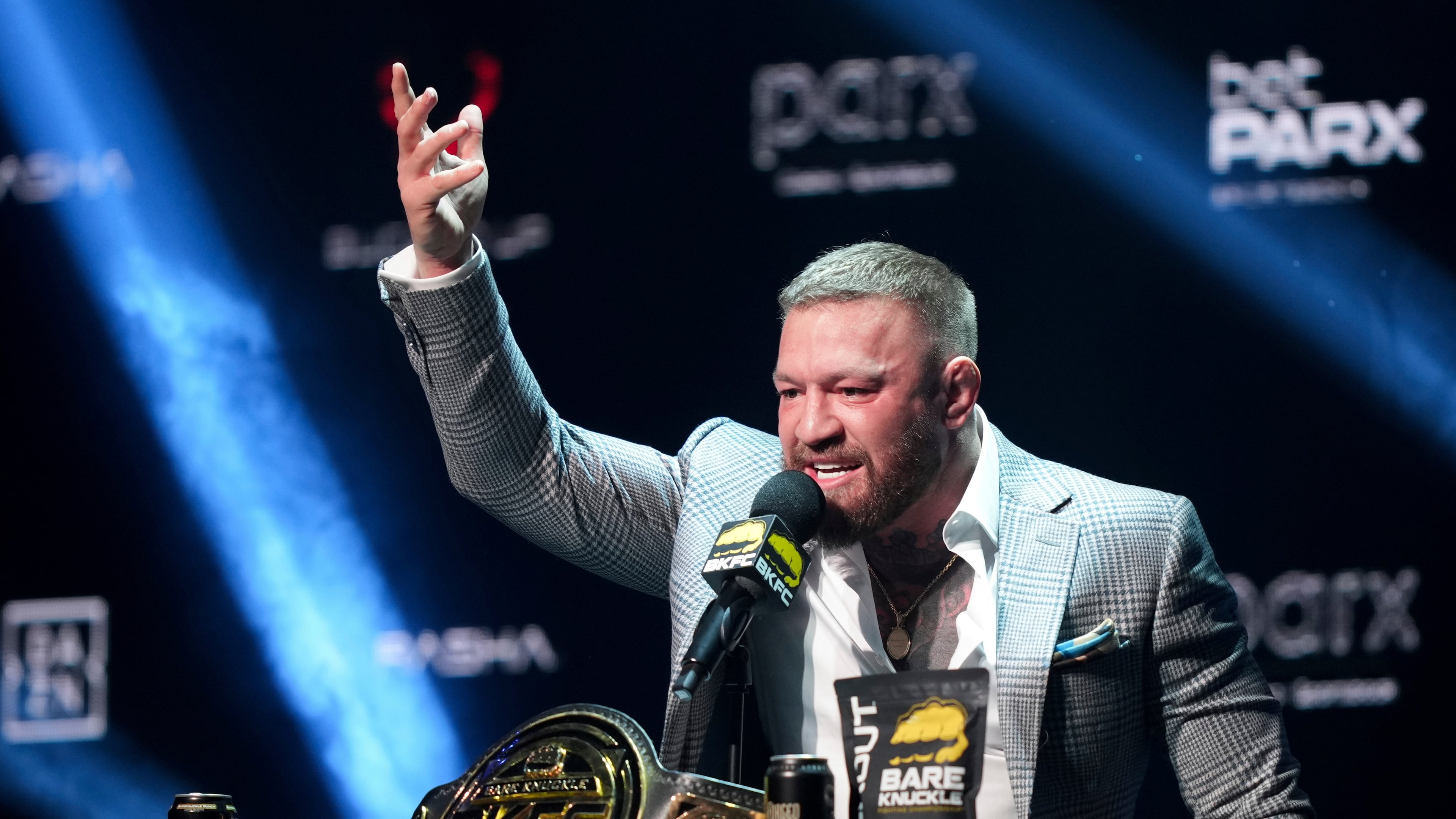 FILE - Conor McGregor speaks during a KnuckleMania V boxing news conference, on Jan. 23, 2025, in Bensalem, Pa. (AP Photo/Matt Rourke, File)